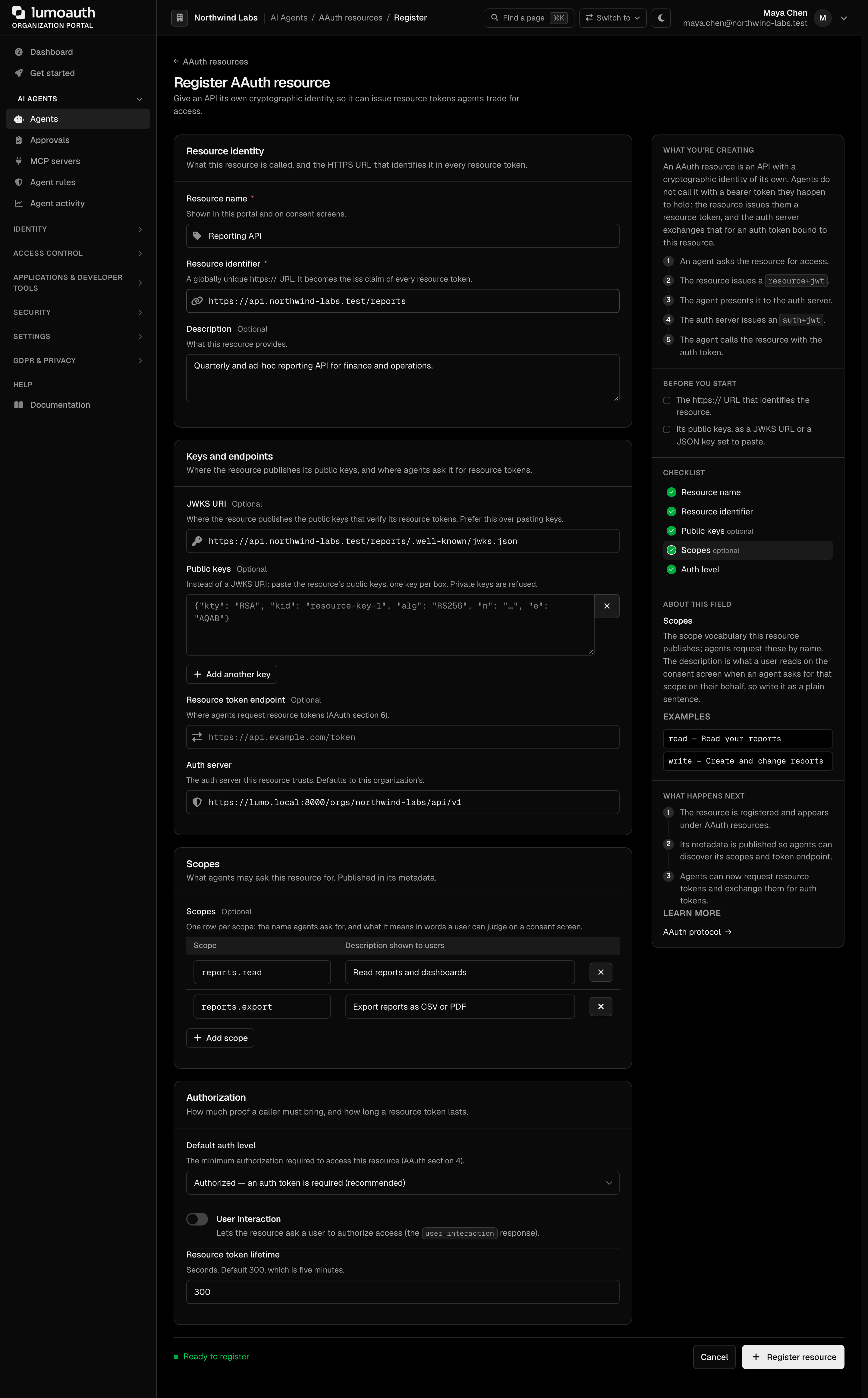 The Register AAuth resource form with the resource name, identifier, JWKS URI and scopes filled in