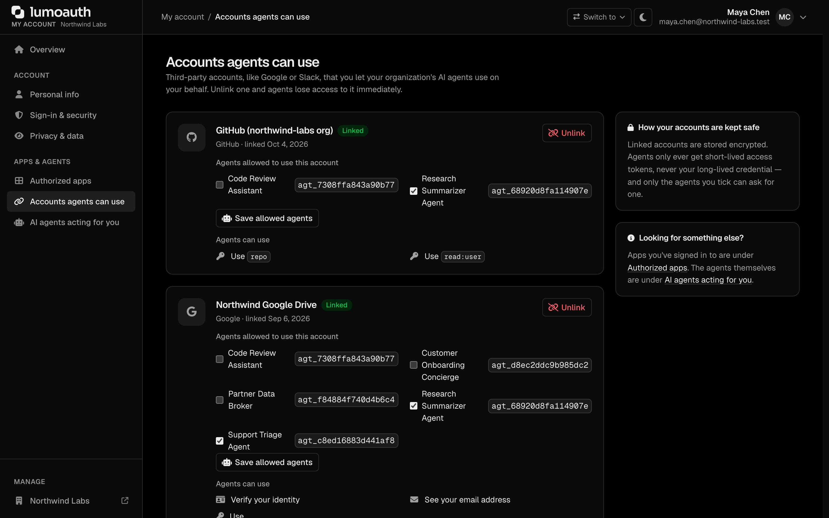 The Accounts agents can use page of the end-user account with a Link account button