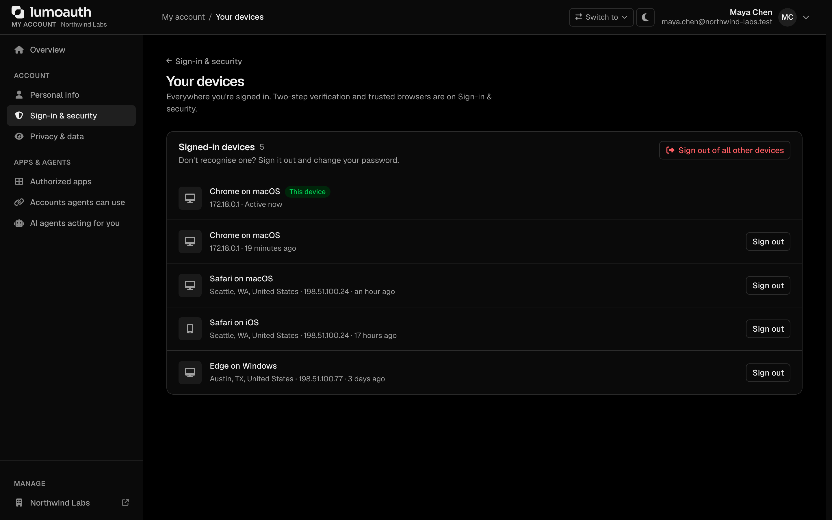 The Your devices page listing signed-in devices with Sign out buttons