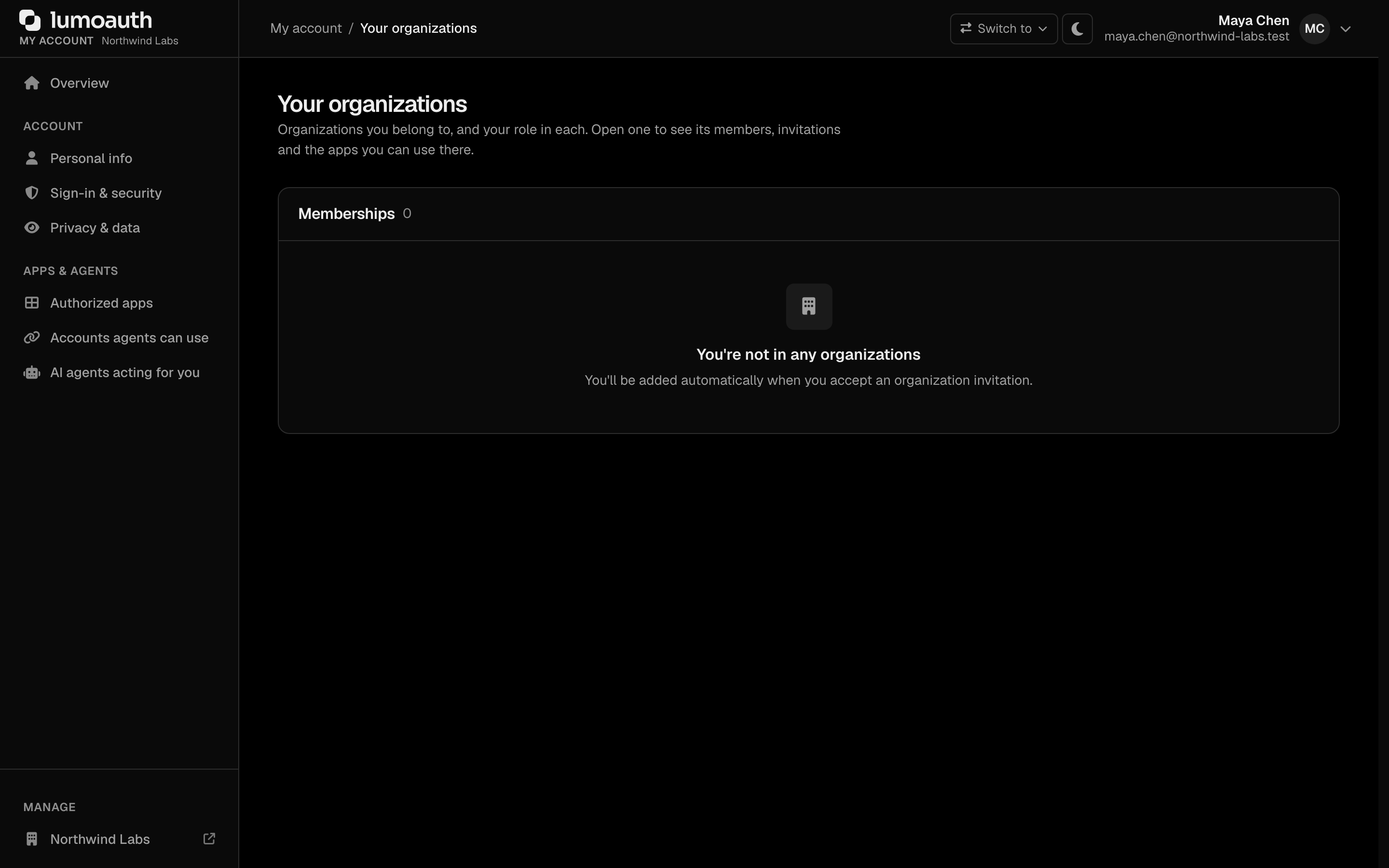 The Your organizations page in the user's account