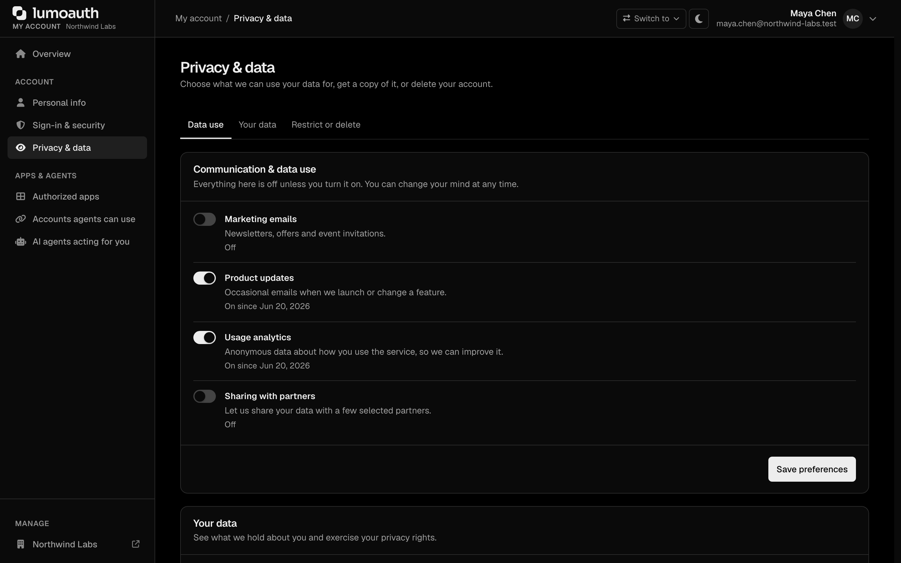 The Privacy &amp; data page of a user's account