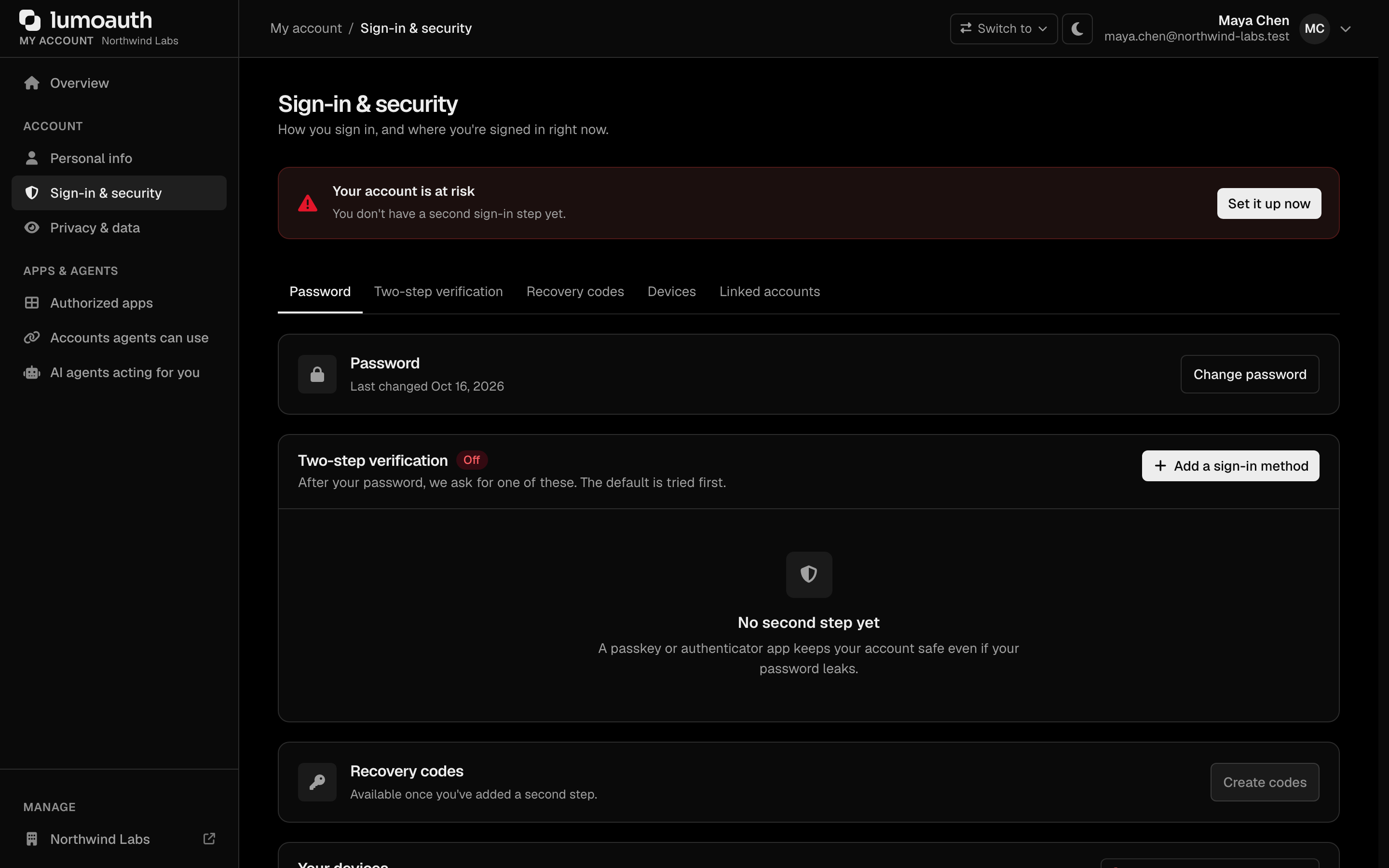 The Sign-in &amp; security page of a user's account