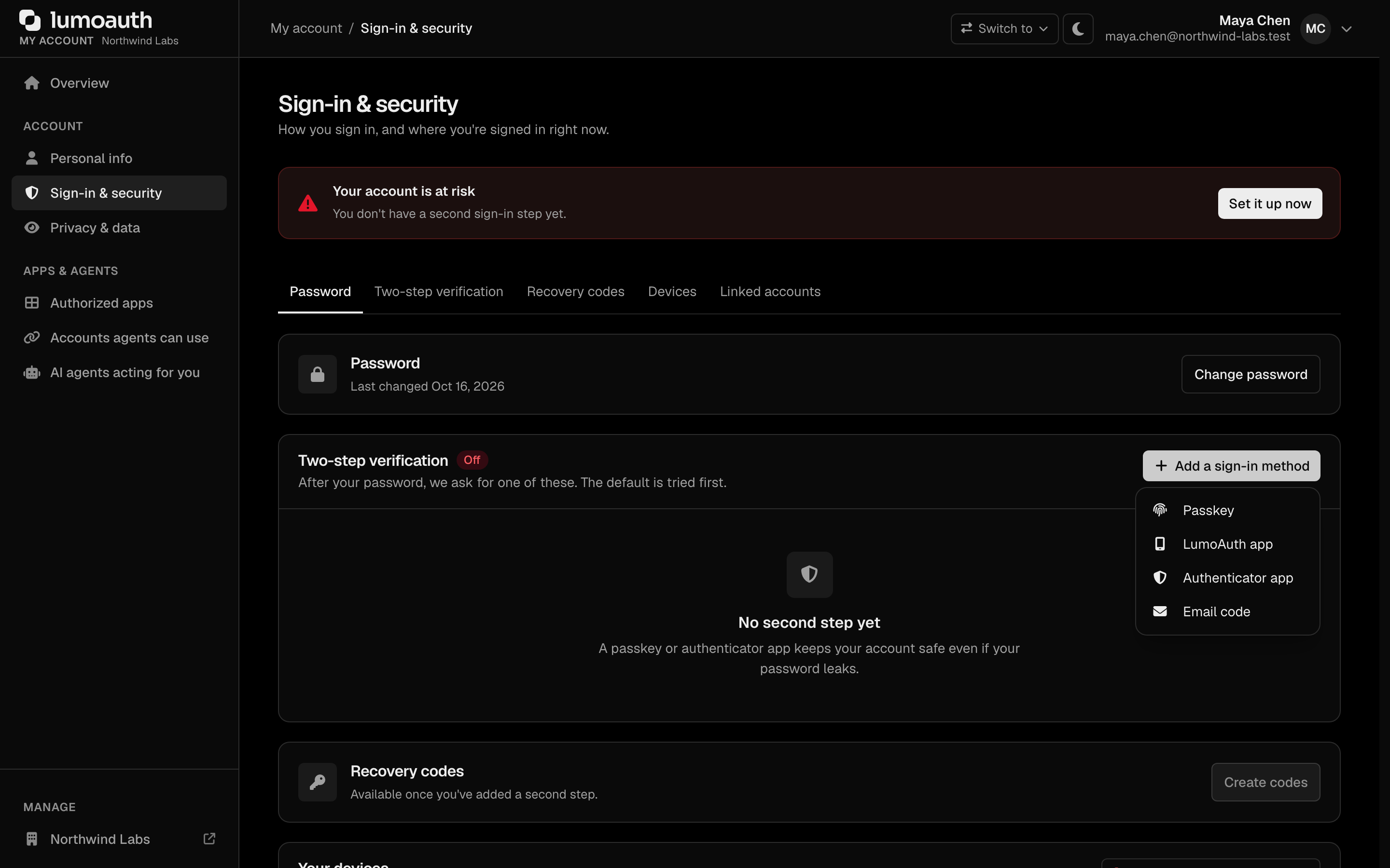 The Sign-in &amp; security page of the end-user account with the Add a sign-in method menu open