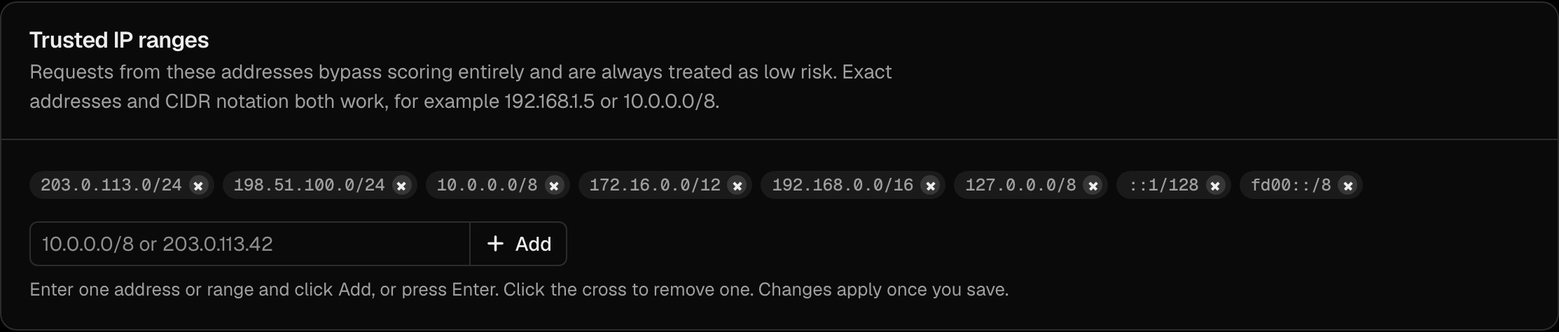 The Trusted IP ranges section with the address field and Add button