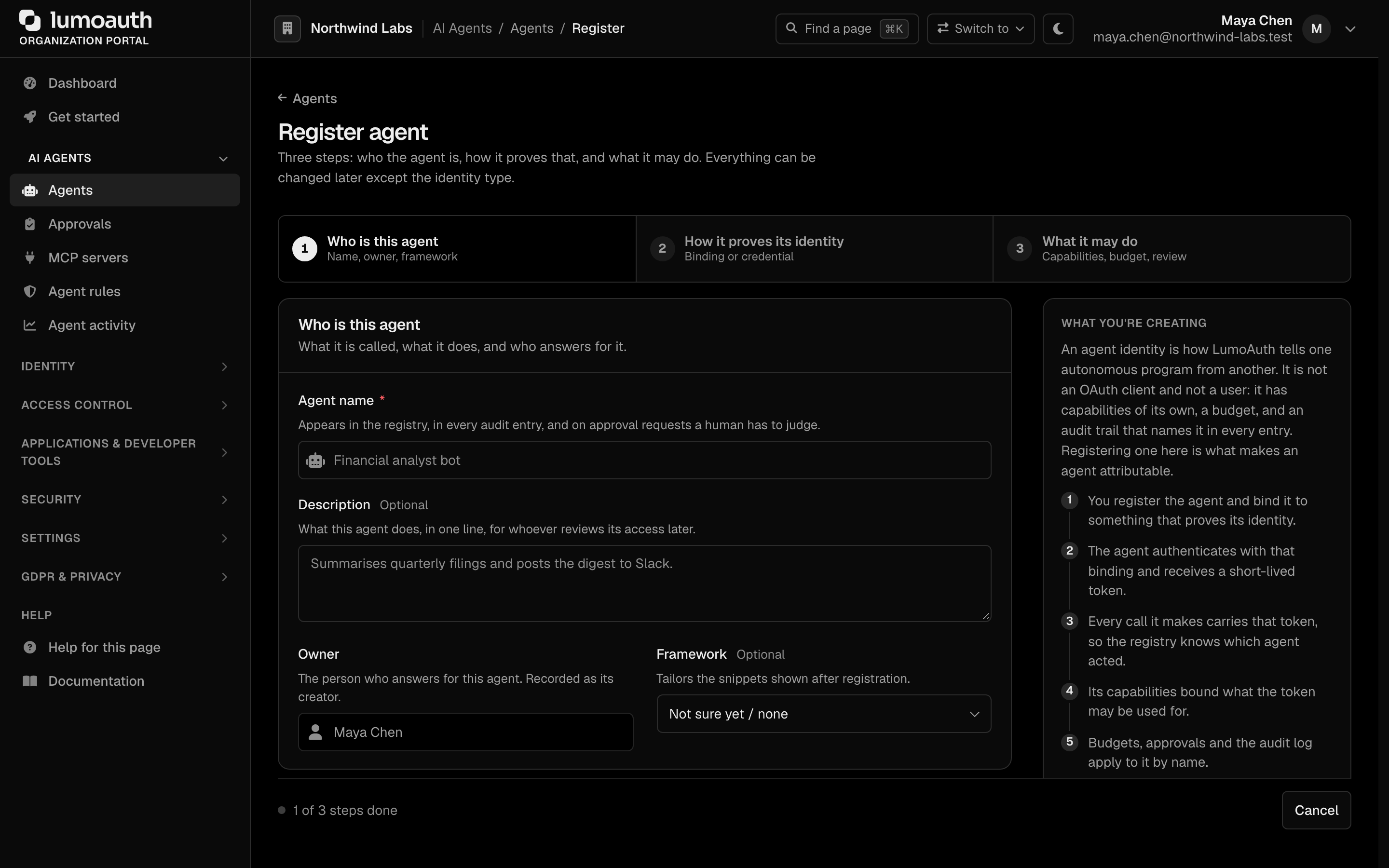 The Register agent wizard, step 1 of 3: who the agent is, how it proves its identity and what it may do