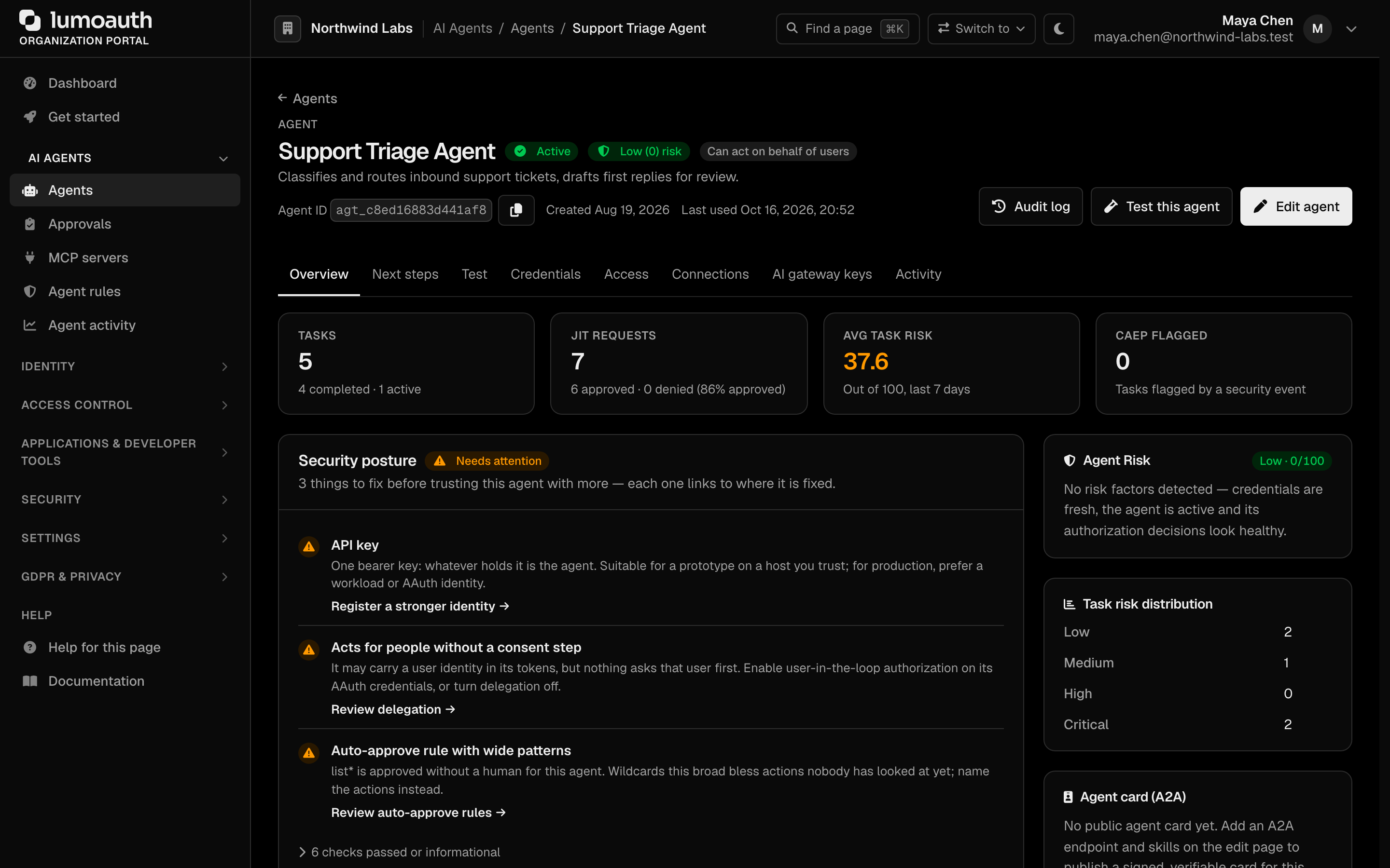 An agent's page with the Overview tab, summary tiles, identity and risk