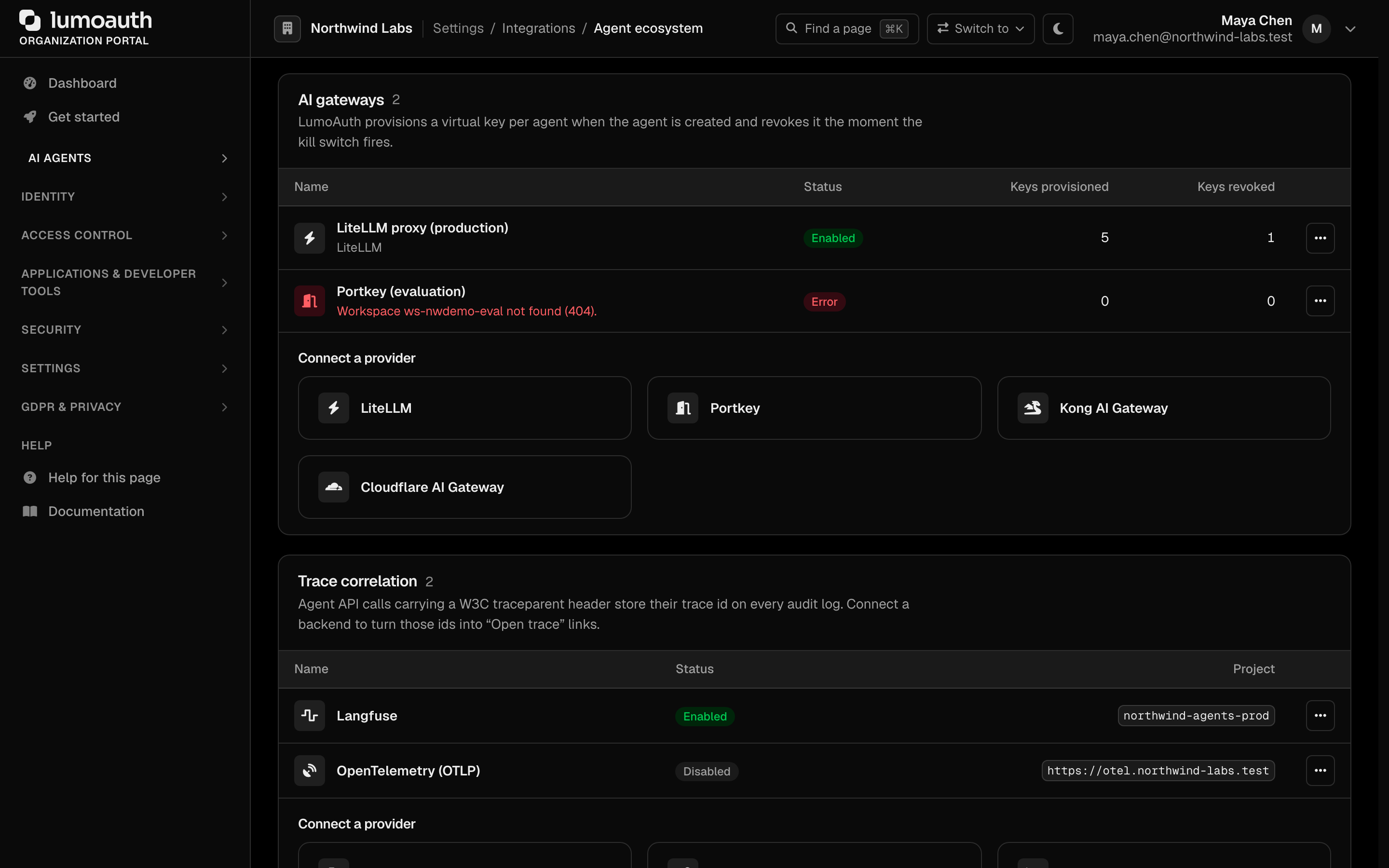 The AI gateways section of the Agent ecosystem page with the LiteLLM, Portkey, Kong AI Gateway and Cloudflare AI Gateway providers