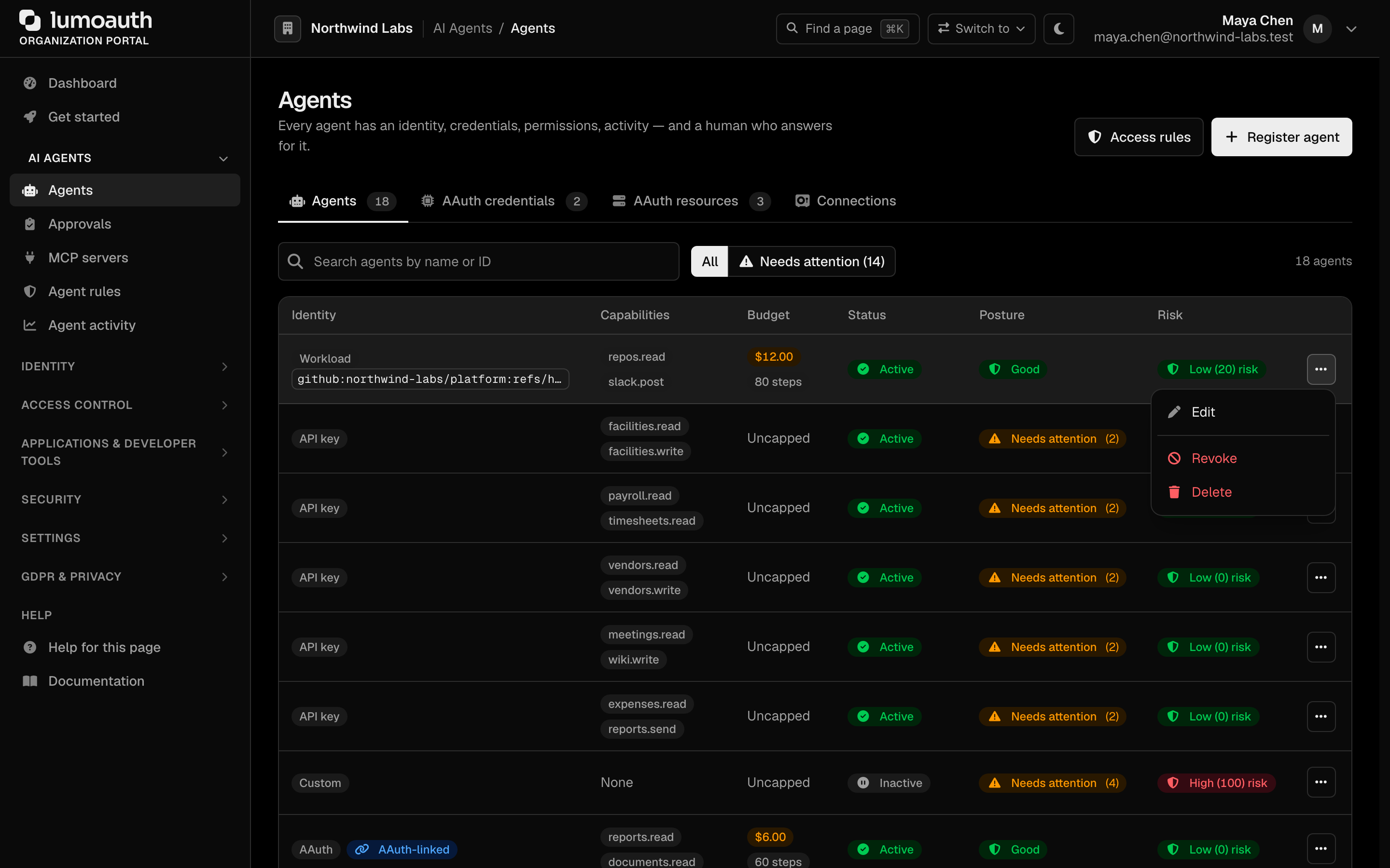 The actions menu on an agent row, with Edit, Revoke and Delete