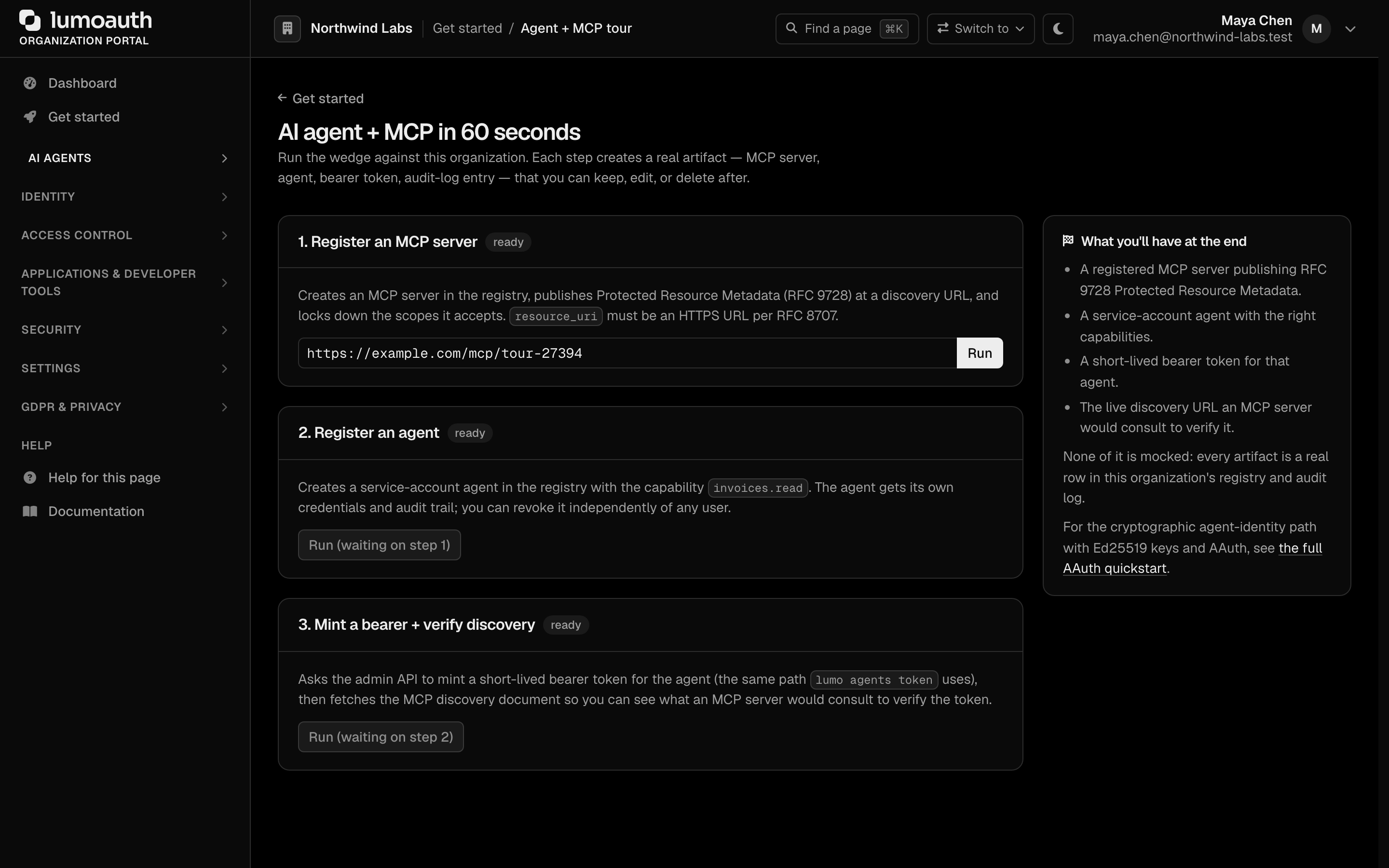 The AI agent + MCP in 60 seconds tour with its three steps: register an MCP server, register an agent, mint a bearer token