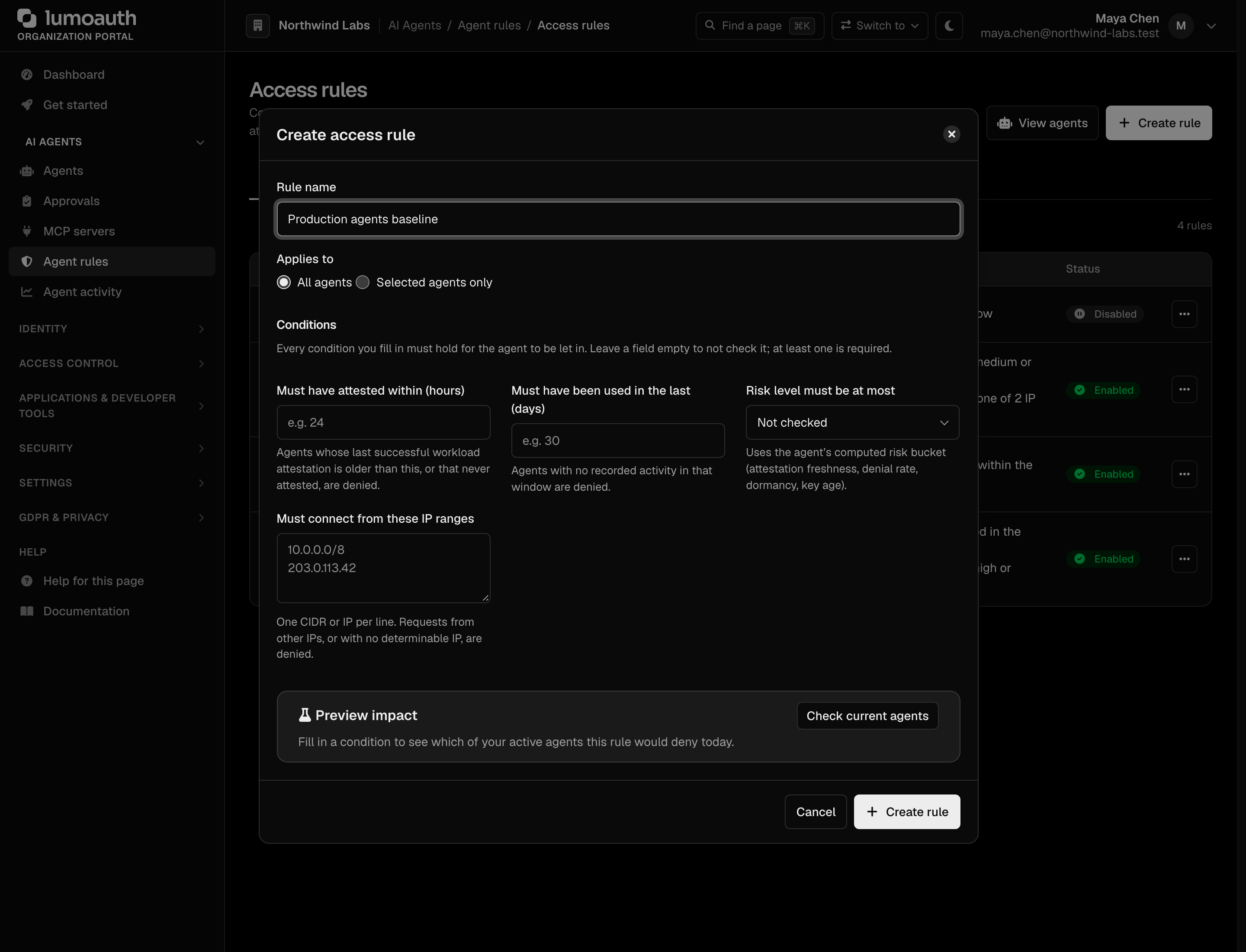 The Create access rule dialog with its four conditions and the impact preview