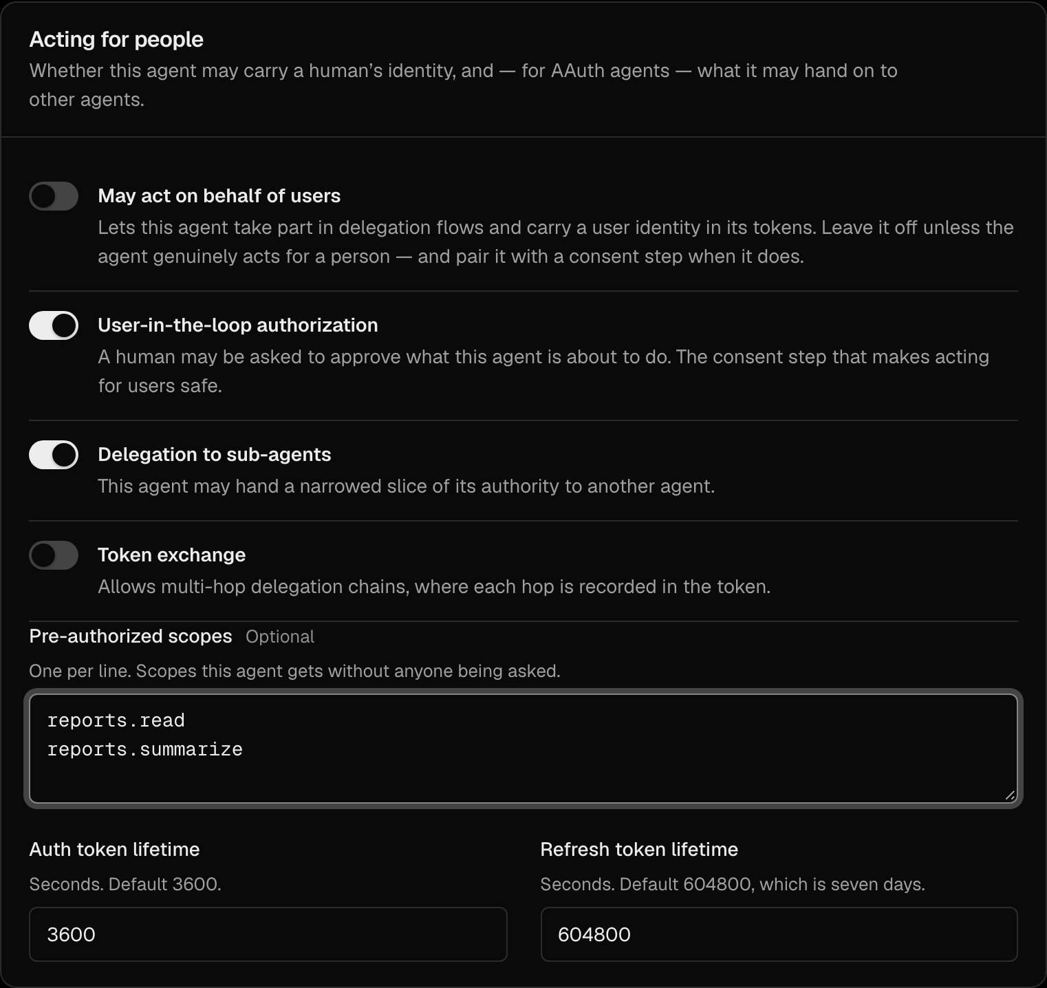 The Acting for people section of step 3 with User-in-the-loop authorization and Delegation to sub-agents switched on