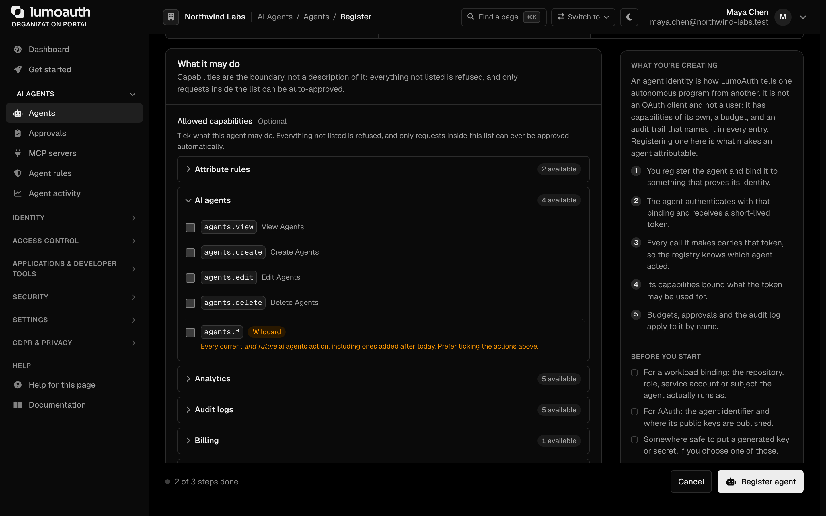 Step 3 of the Register agent wizard, What it may do, with the grouped capability picker