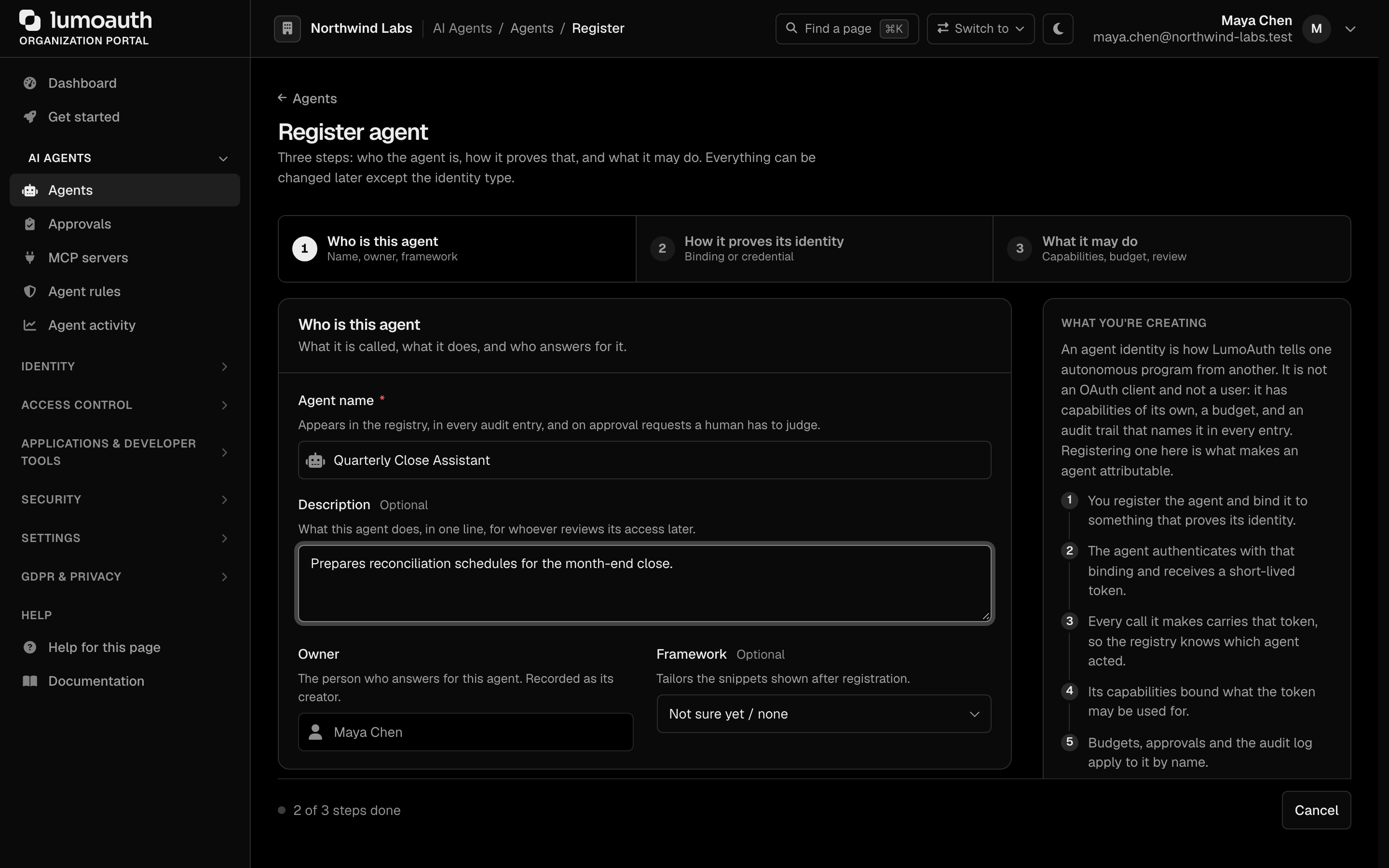 Step 1 of the Register agent wizard, Who is this agent, with the three-step progress bar