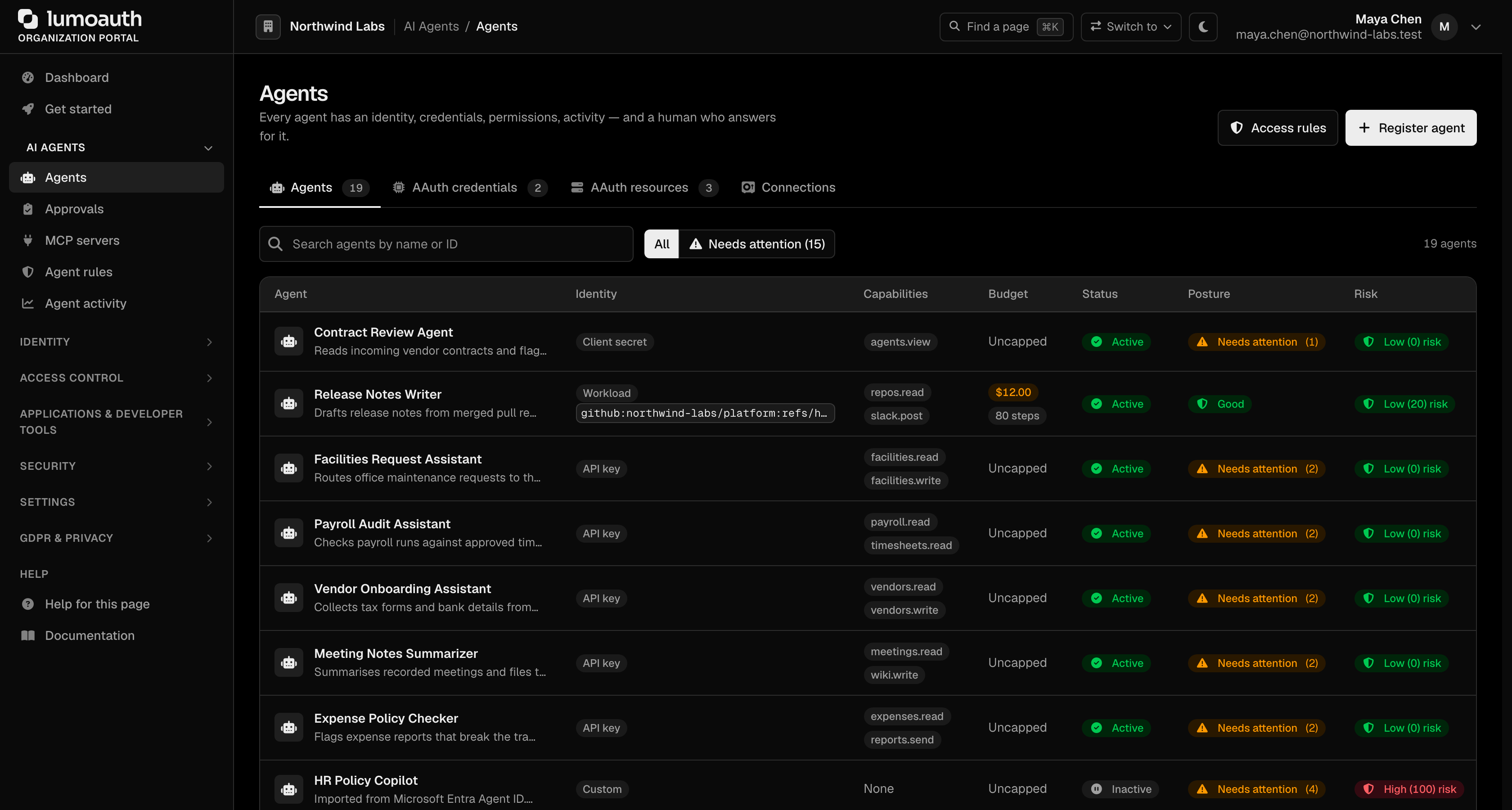 The Agents page with the Register agent button and the Agents, AAuth credentials, AAuth resources and Connections tabs