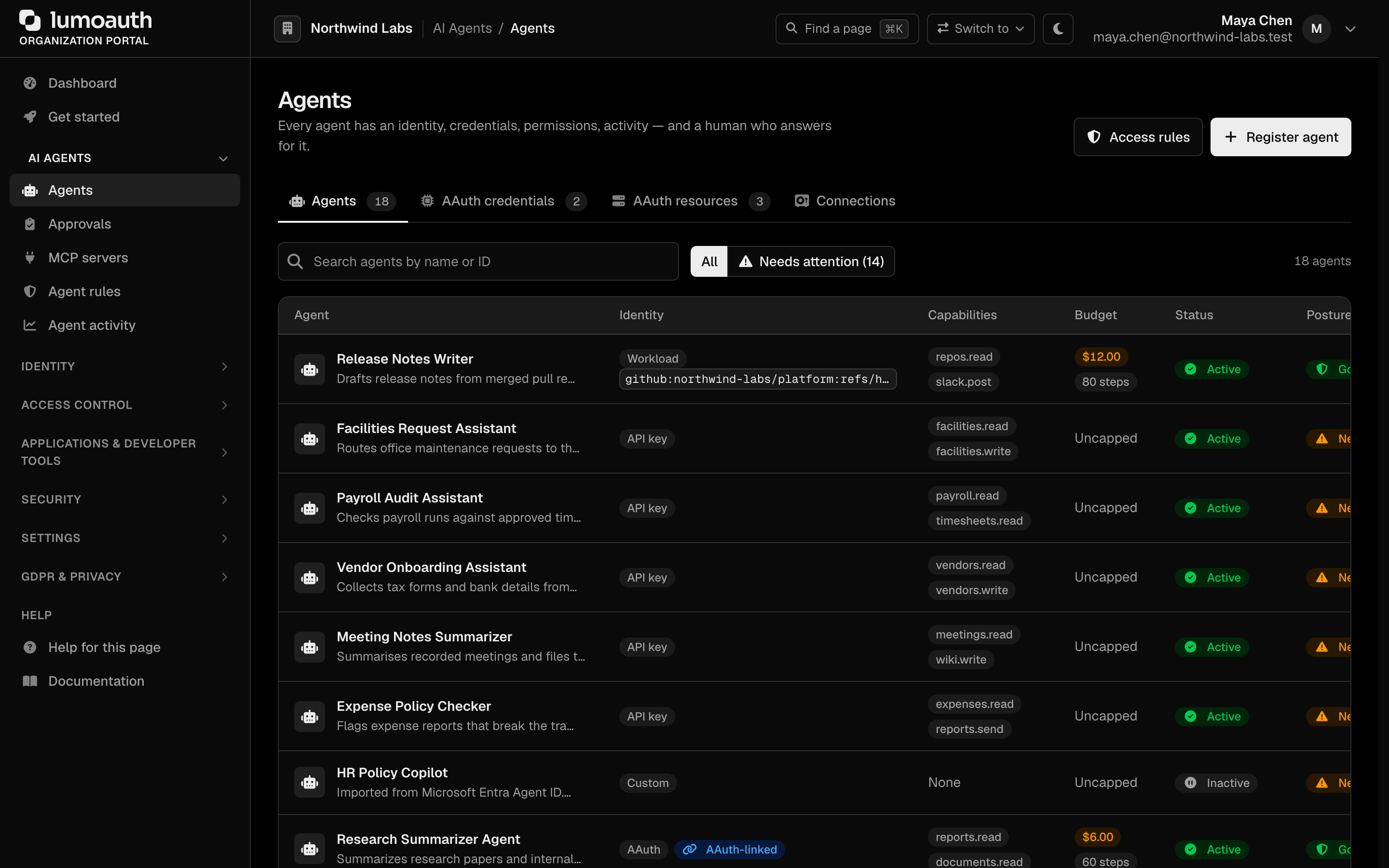 The Agents page with the Register agent button