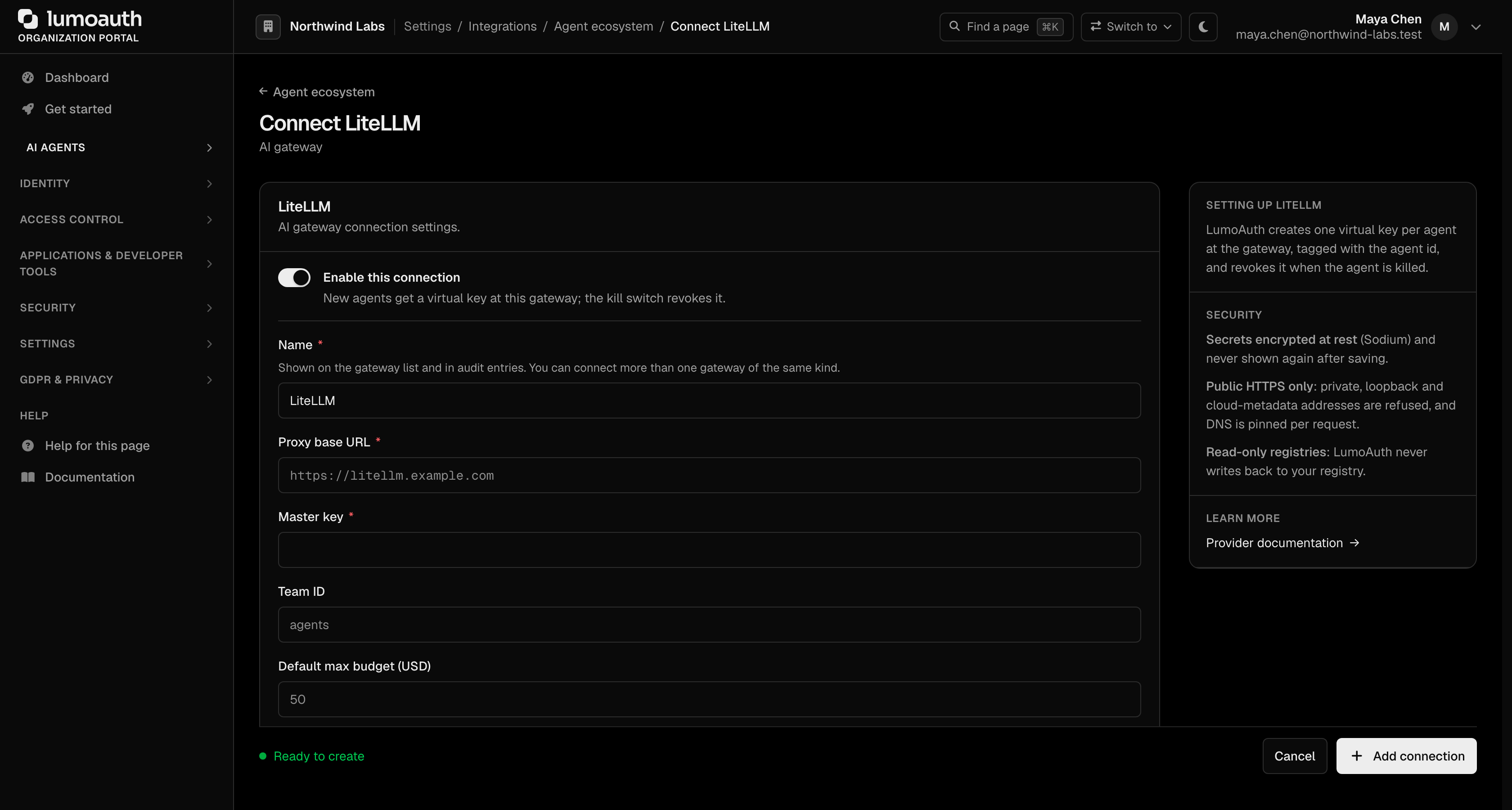 The Connect LiteLLM form with the Enable this connection switch