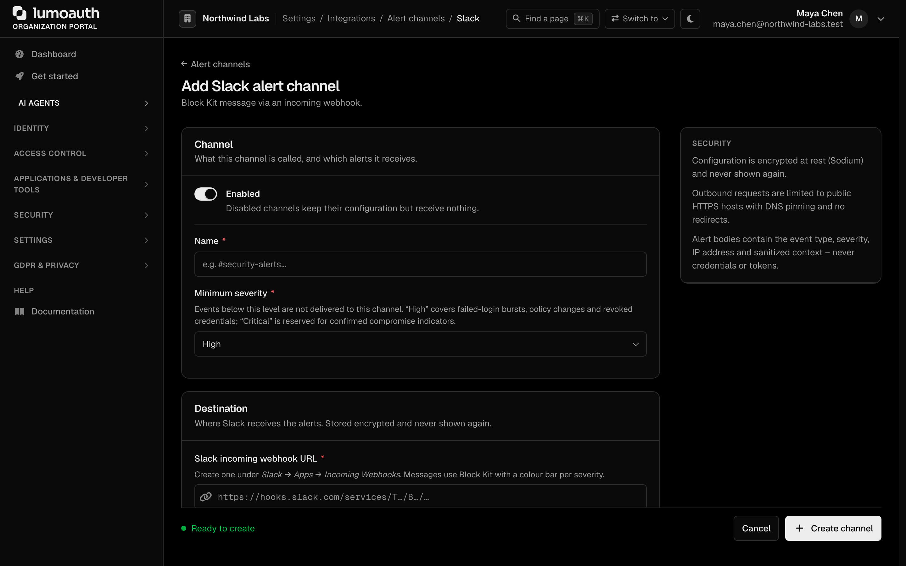 The Add Slack alert channel form with the Enabled switch, name and minimum severity