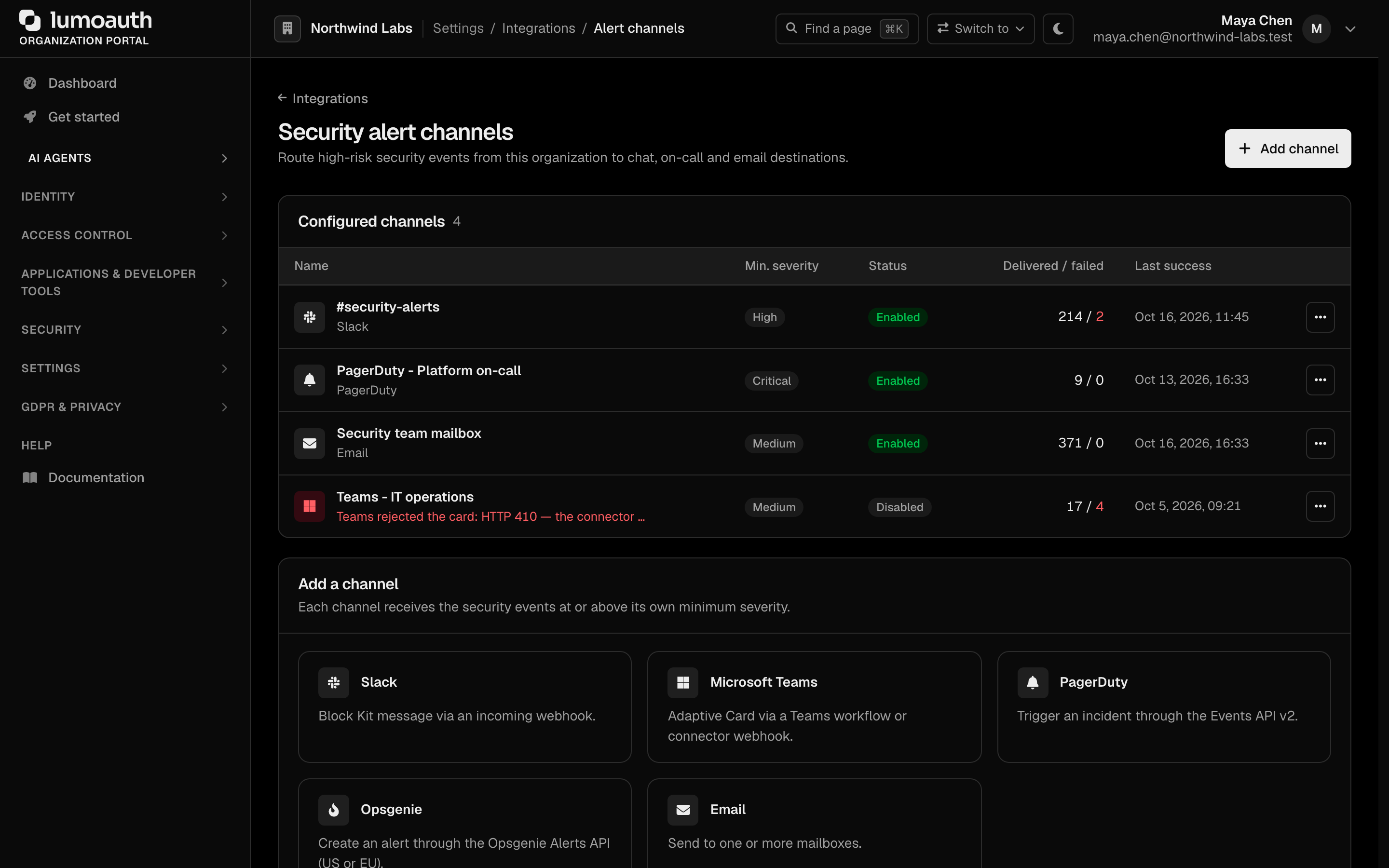 The Security alert channels page with the configured channels list and the Add a channel destinations