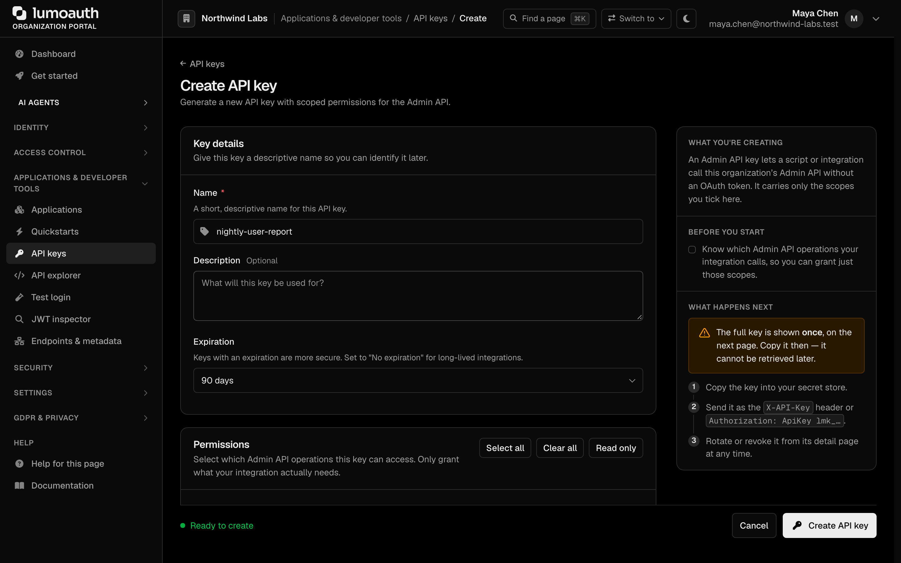 The Create API key form with the key name filled in