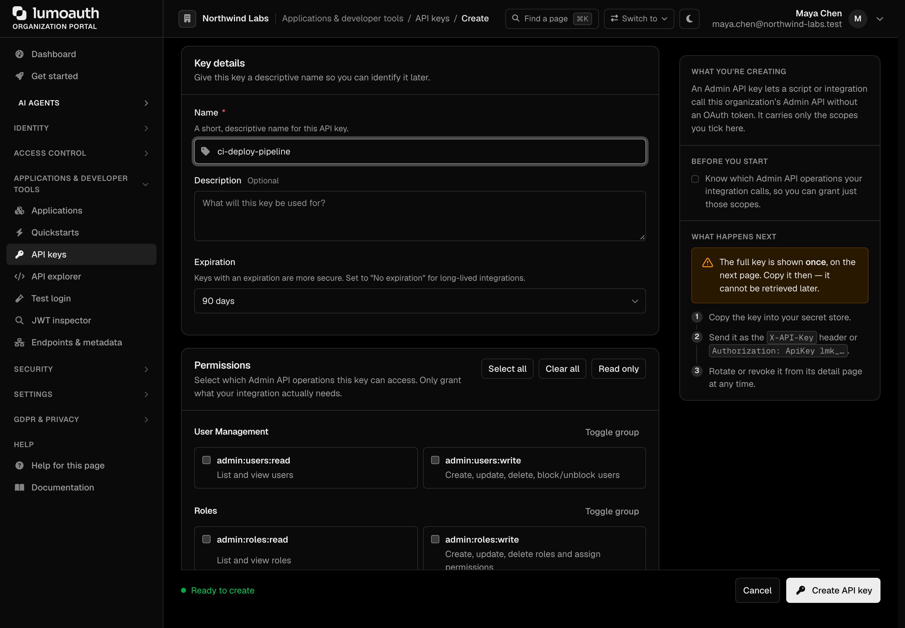 The Create API key form with the key details and the permission checkboxes