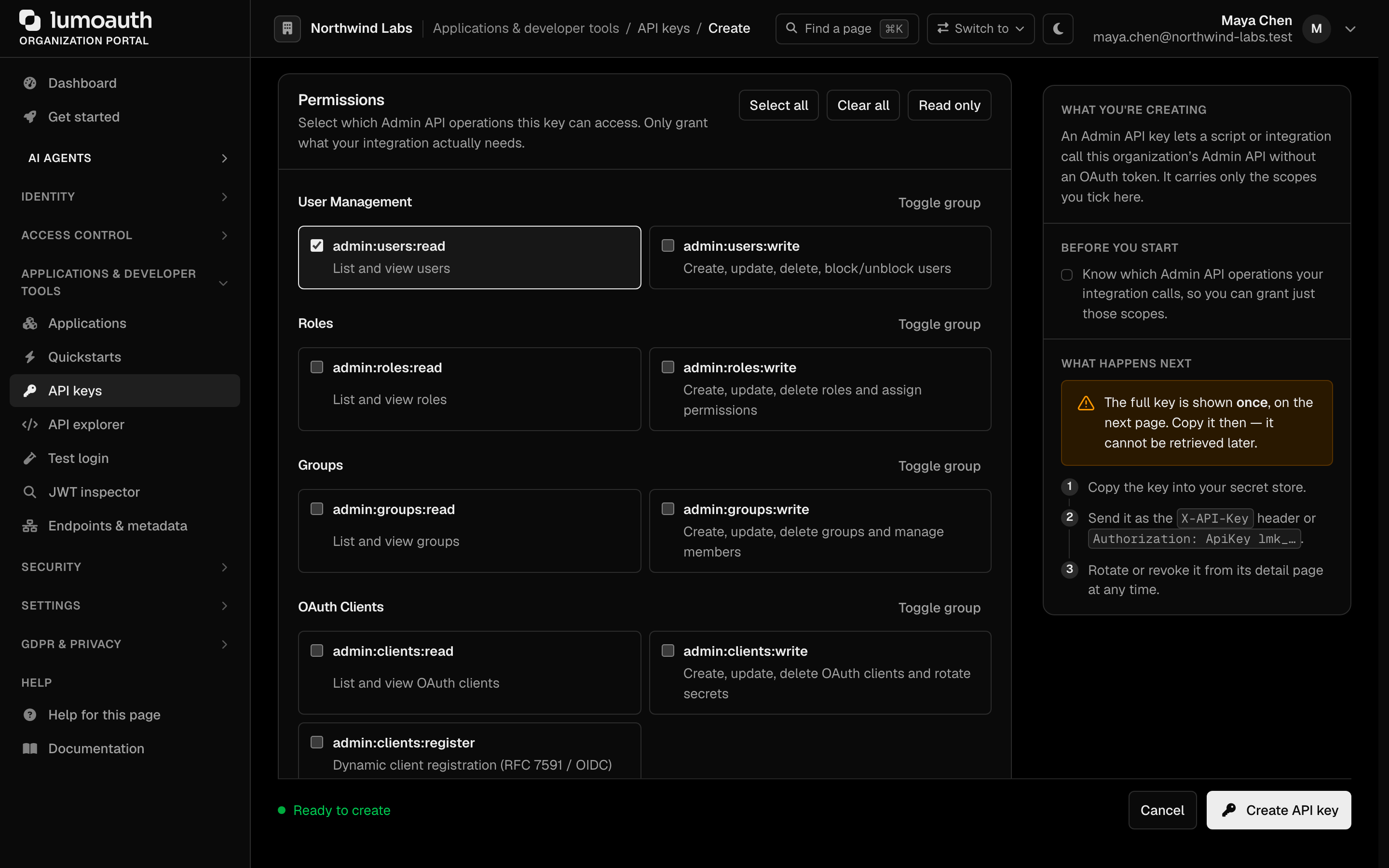 The Permissions section of the Create API key form with admin:users ticked