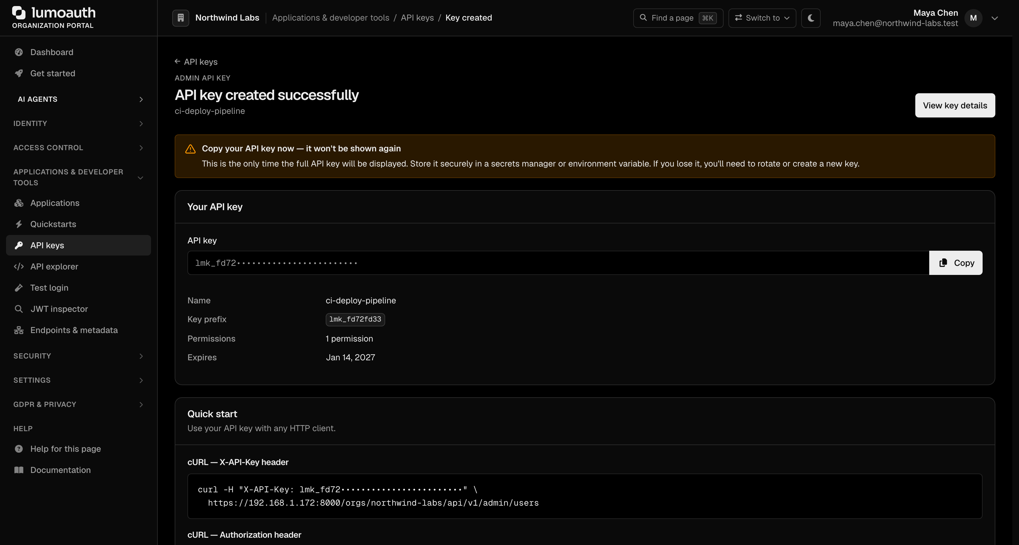 The API key created successfully page showing the new key once, with a Copy button