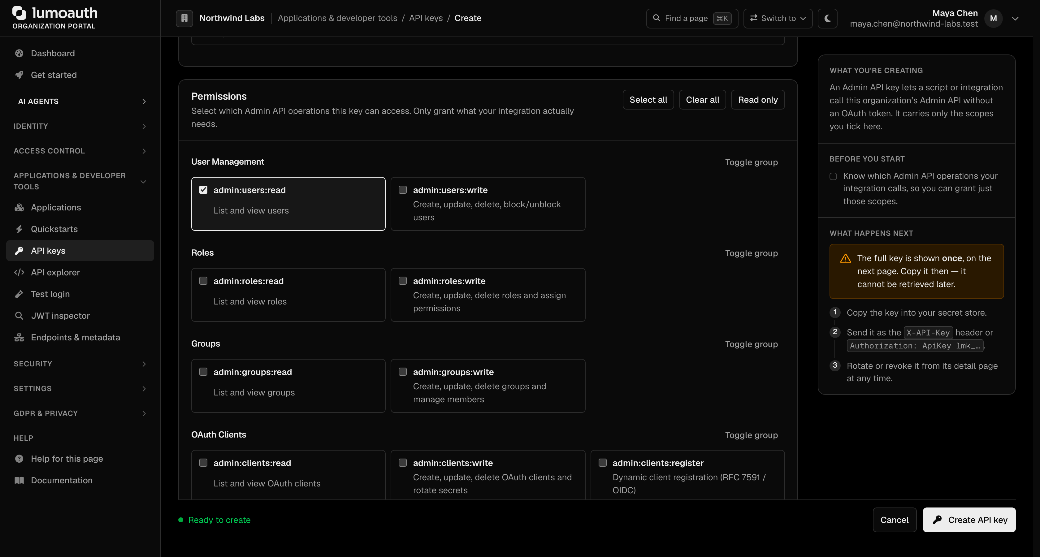 The Permissions section of the Create API key page with scope checkboxes grouped by resource