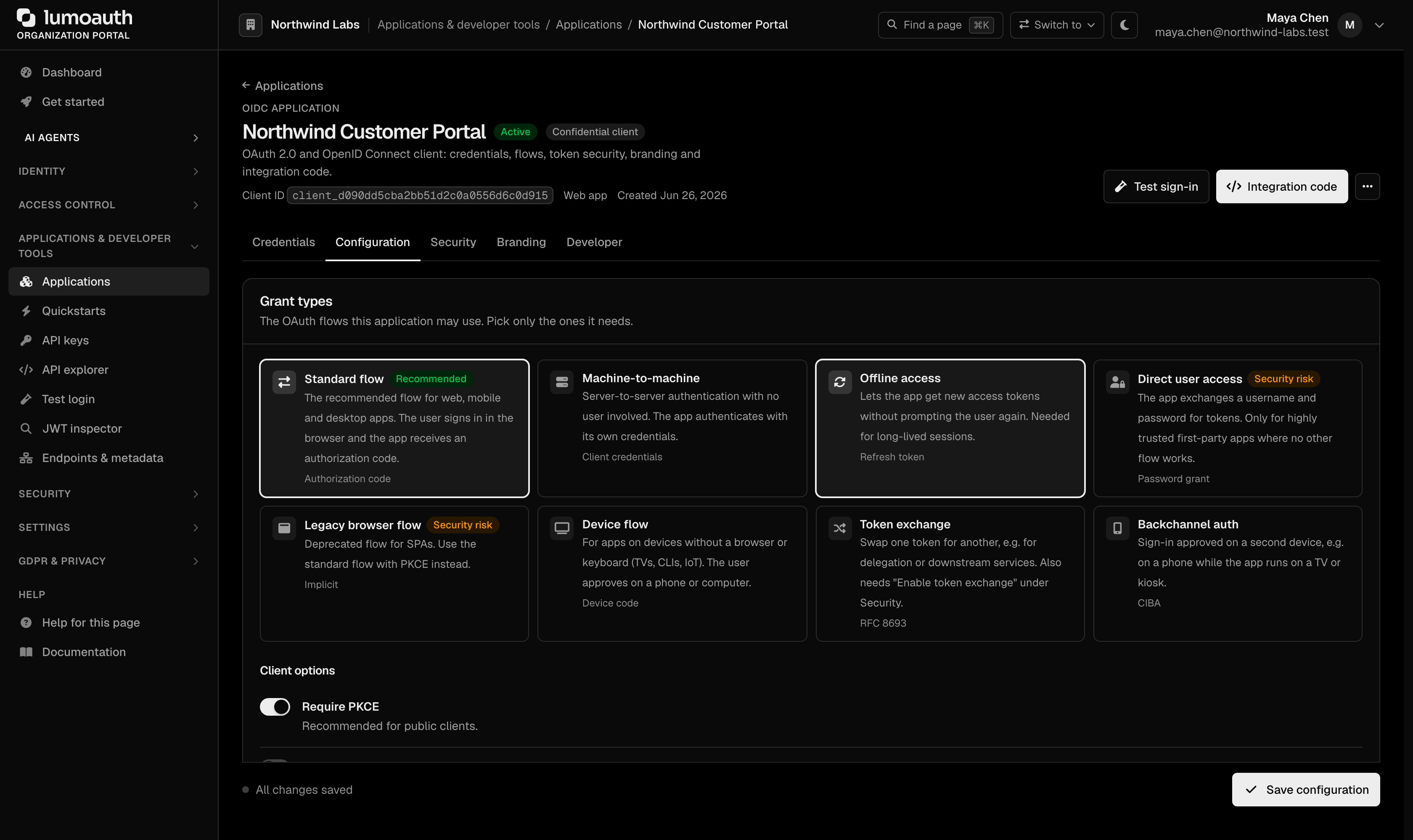 The Configuration tab of an application with its Grant types