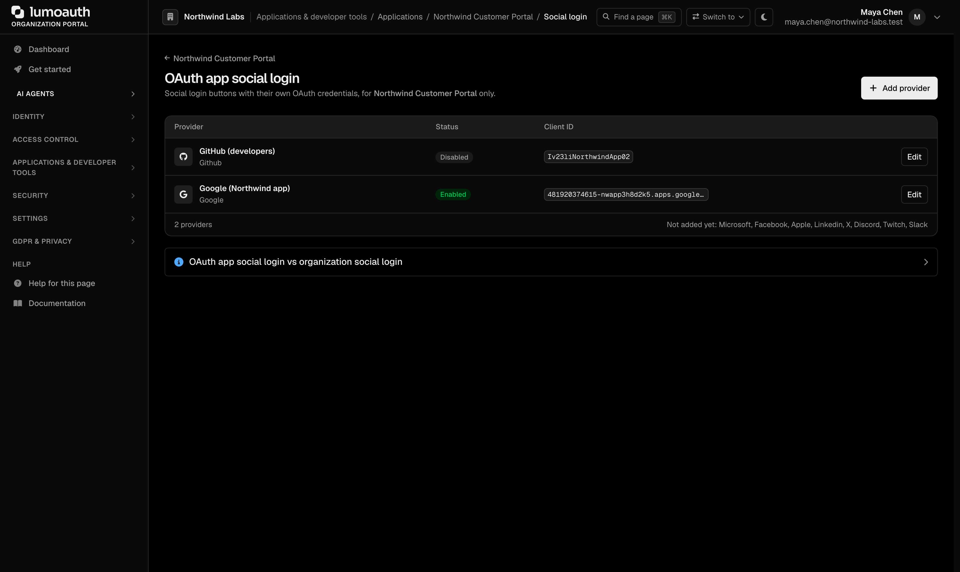 The OAuth app social login page of an application