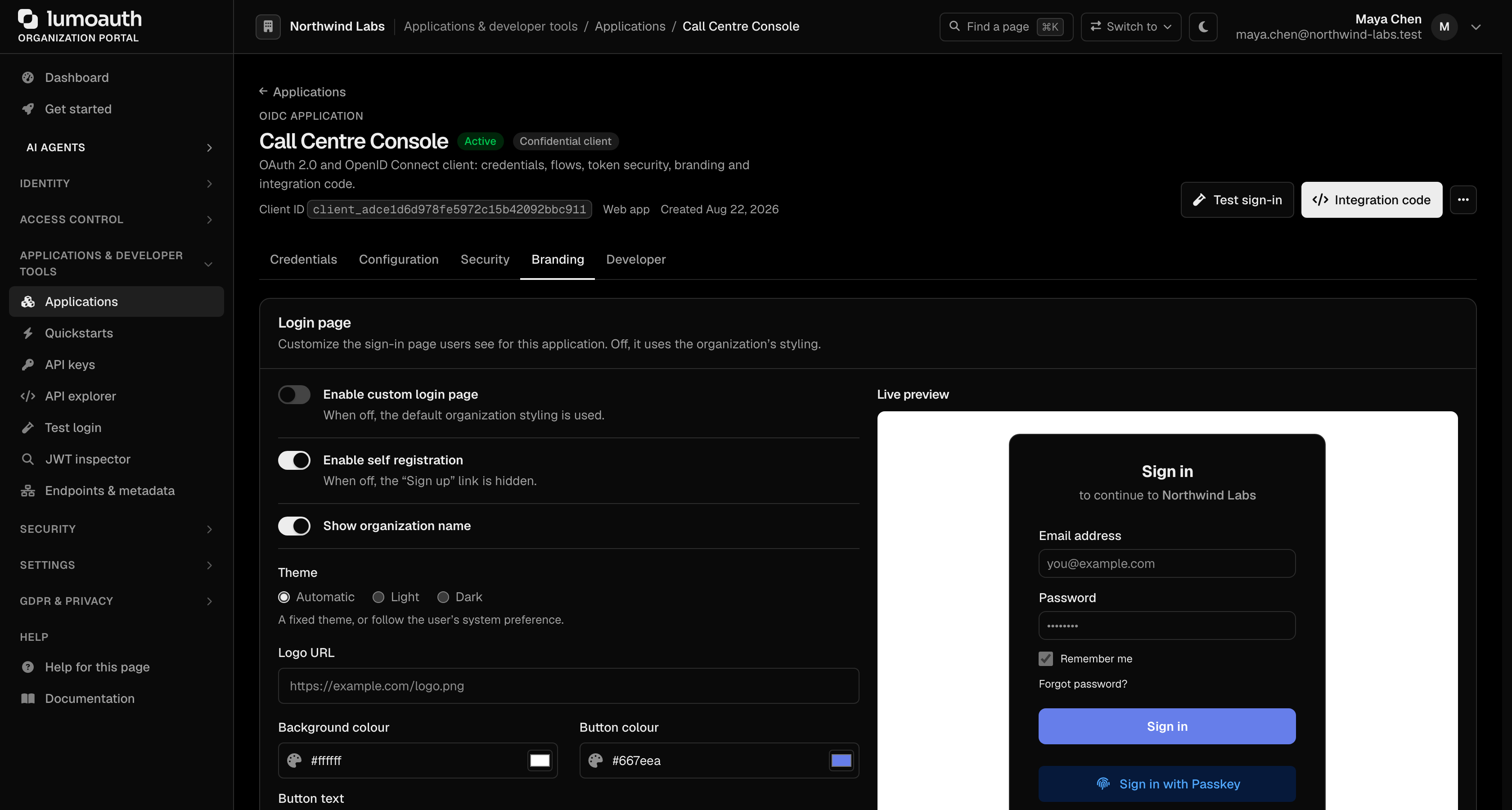The Branding tab of an application with the per-application login page settings and live preview
