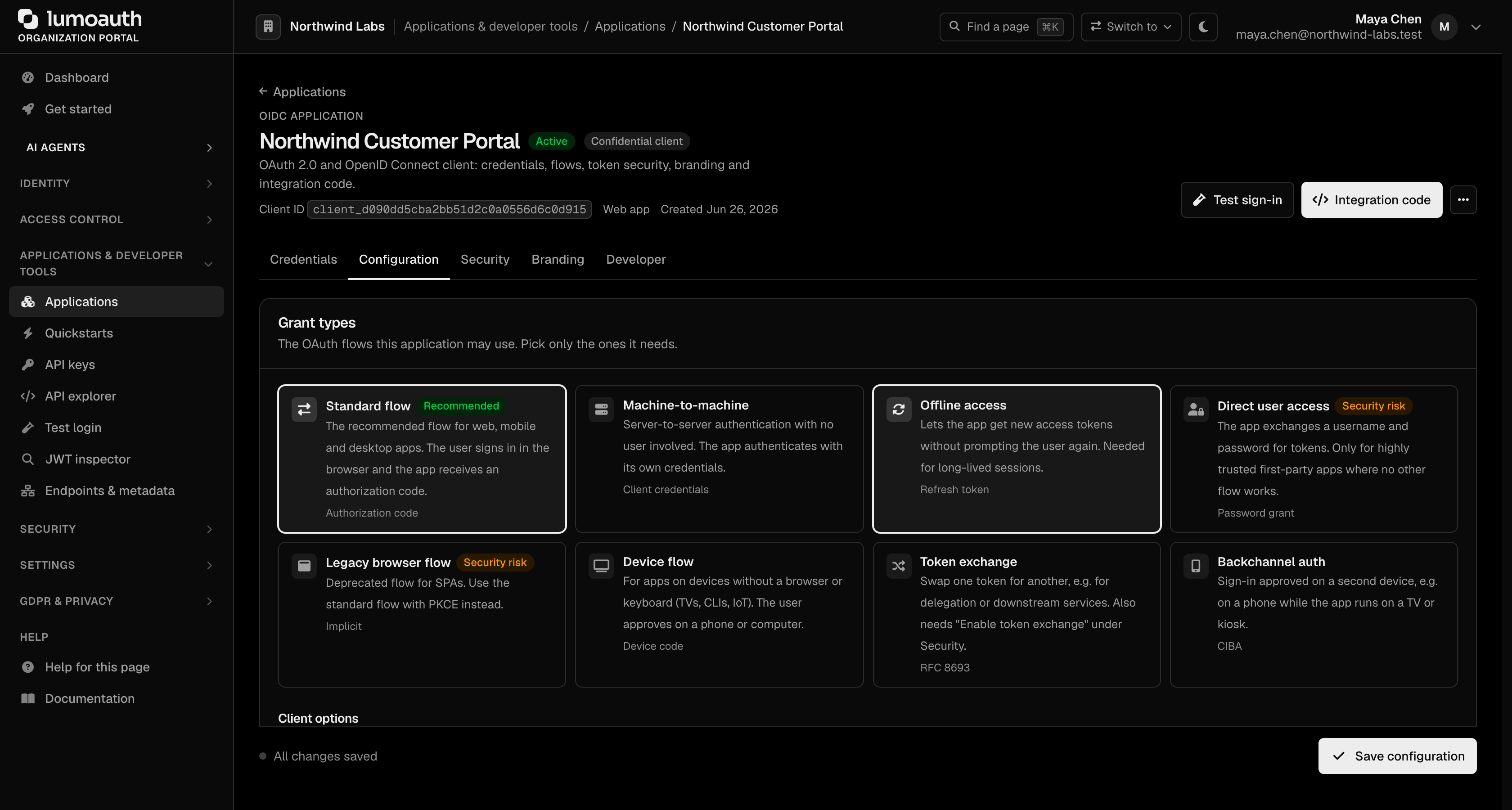 The Grant types section of an application's Configuration tab