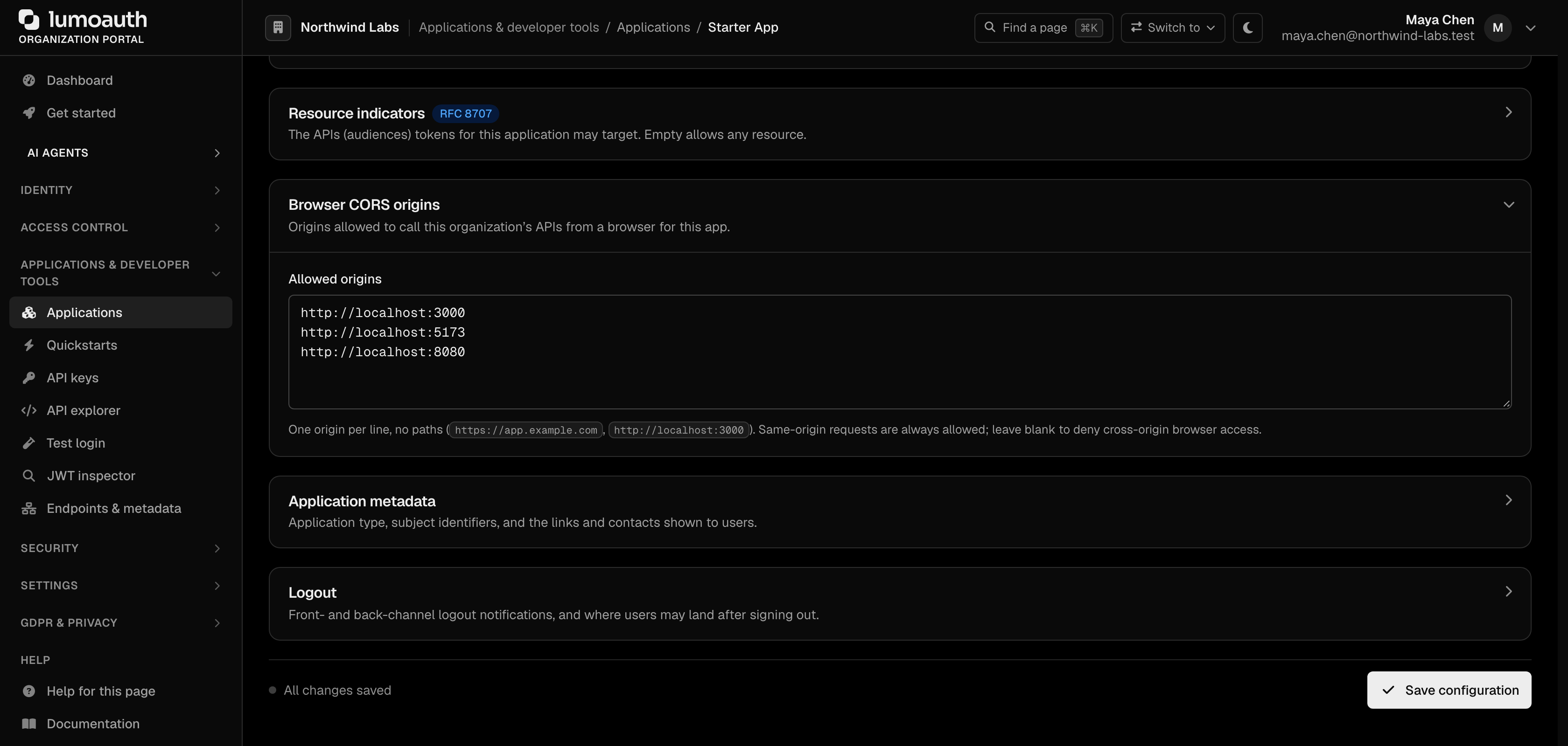 The Browser CORS origins section on an application's Configuration tab