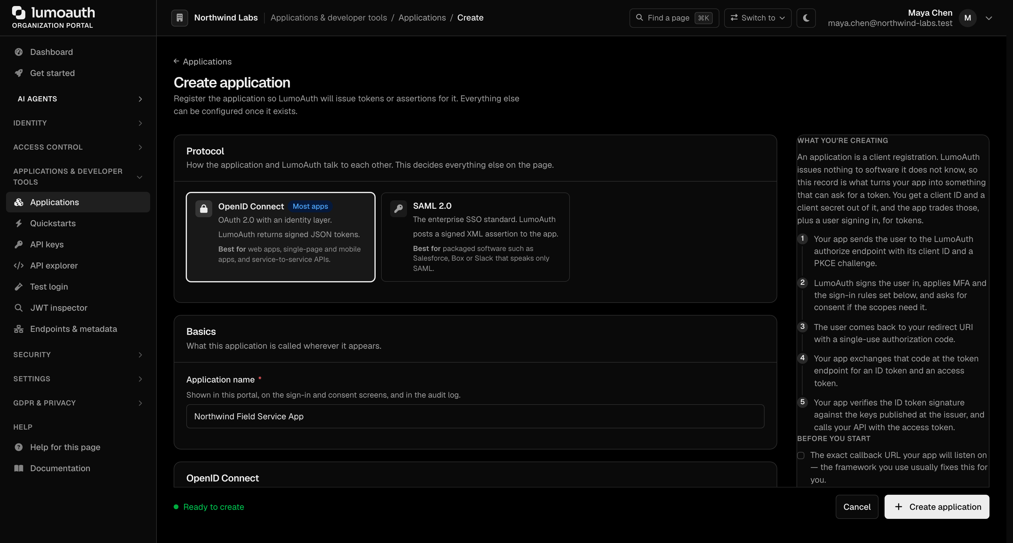 The Create application page with the protocol choice and application name