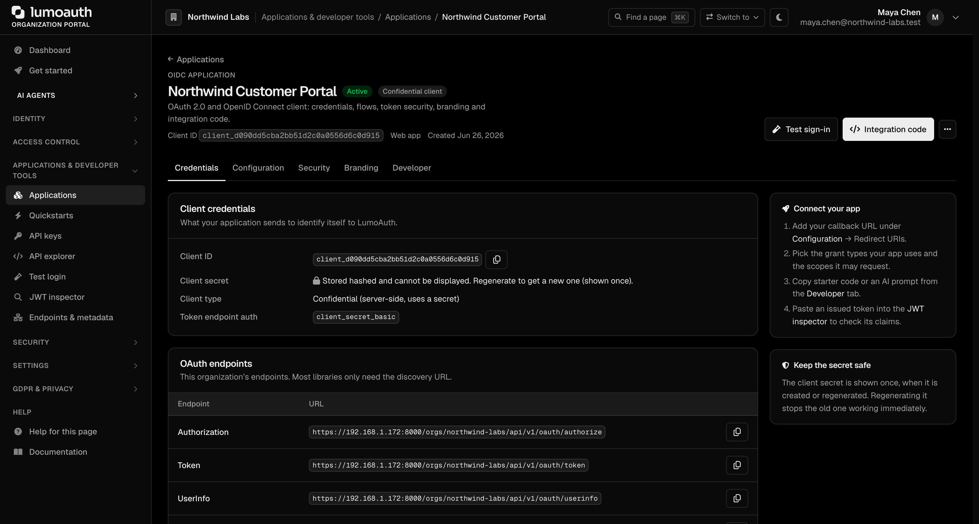 The Credentials tab of an application with its client ID and OAuth endpoints