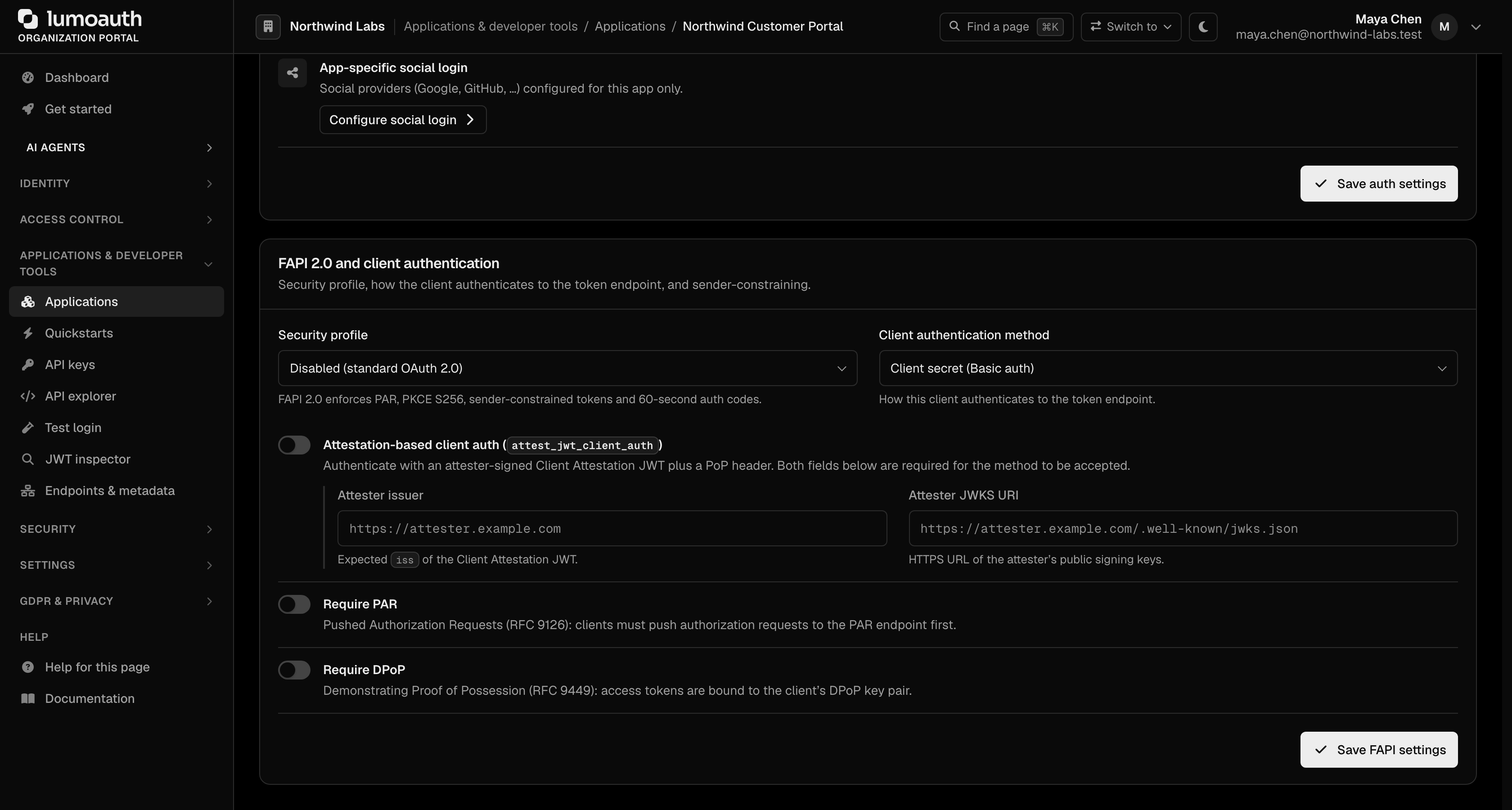 The FAPI 2.0 and client authentication section of an application's Security tab