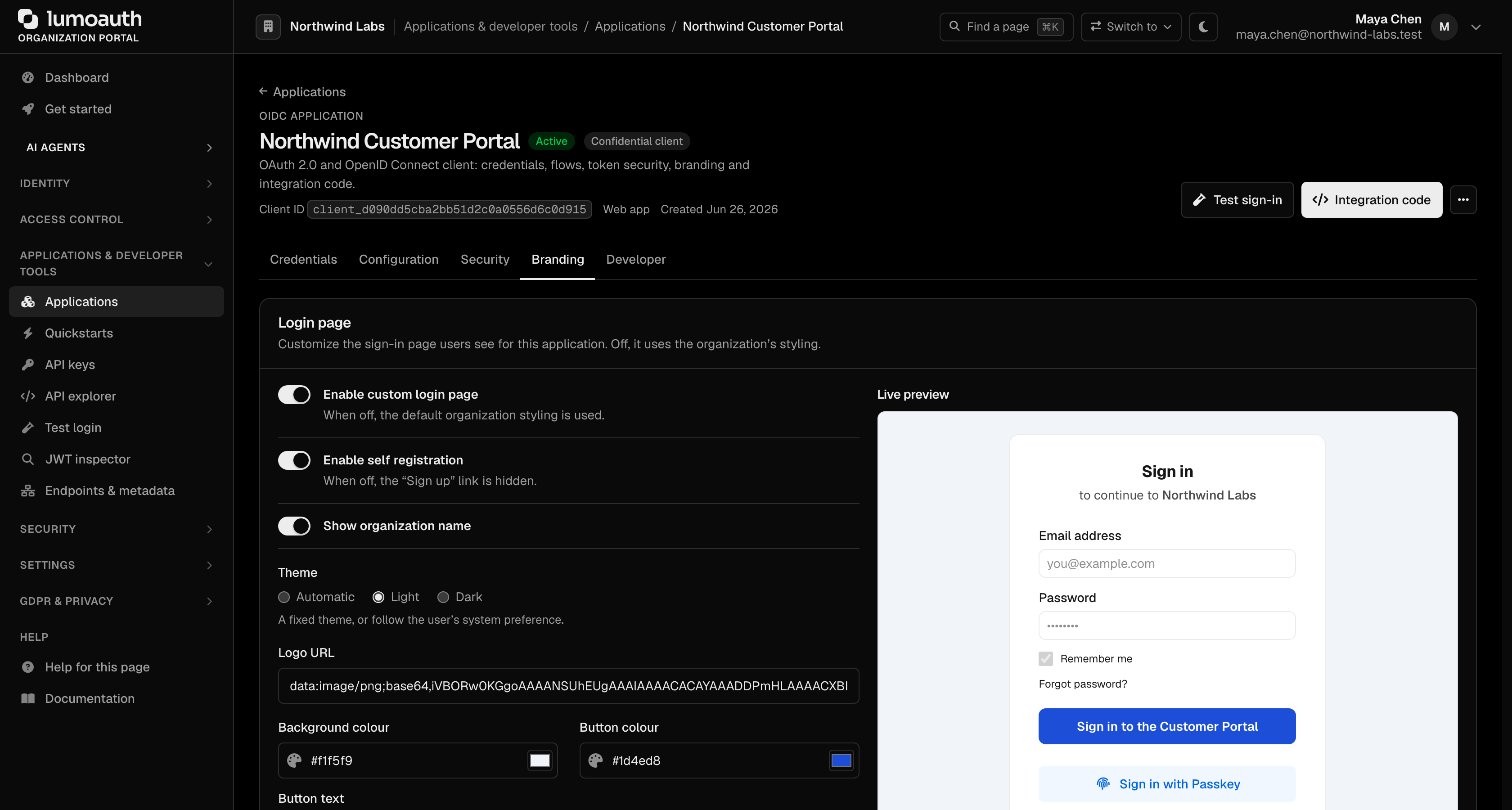 The Branding tab of an application with the Enable custom login page switch and live preview