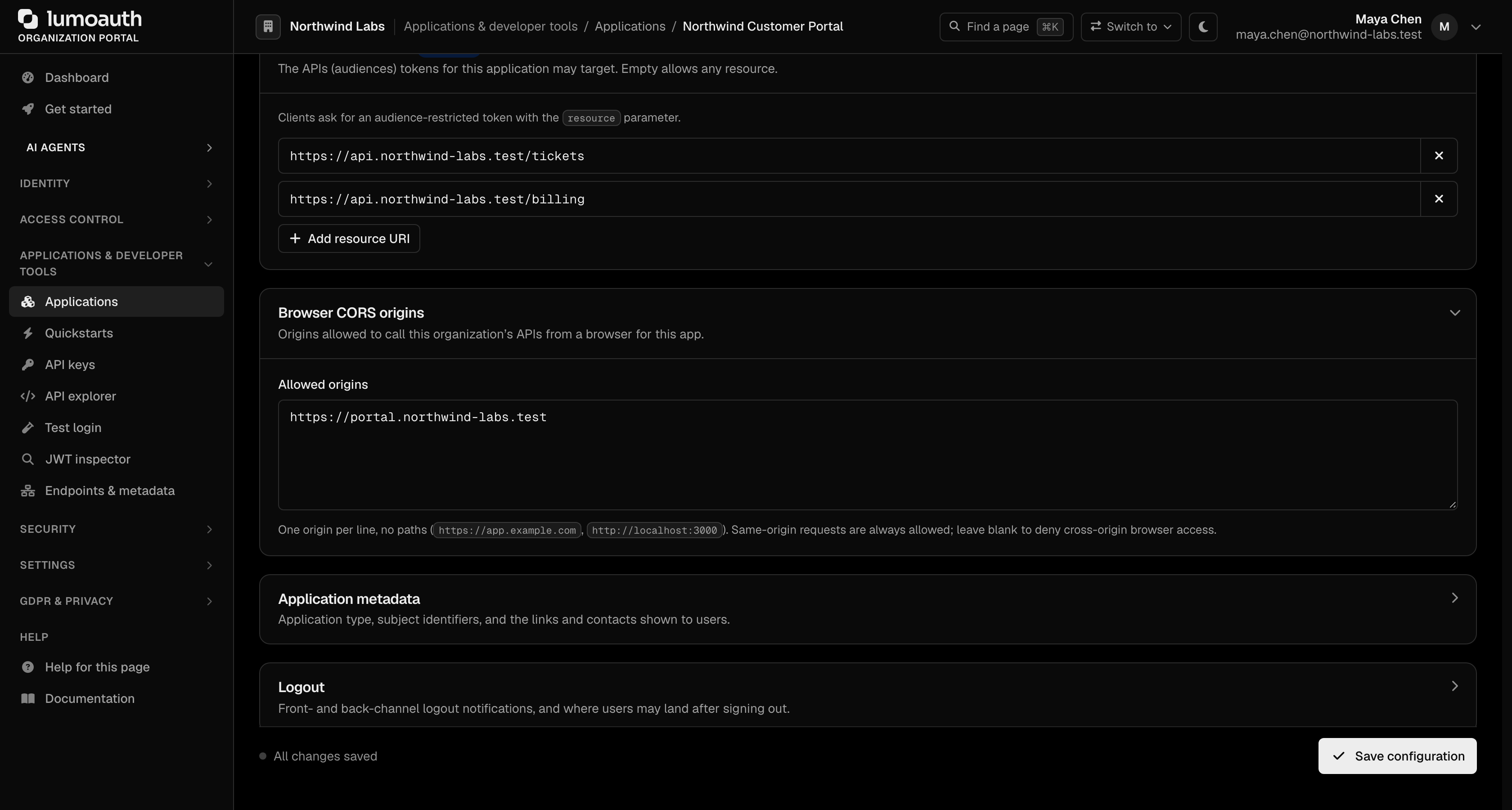 The Resource indicators section of an application's Configuration tab