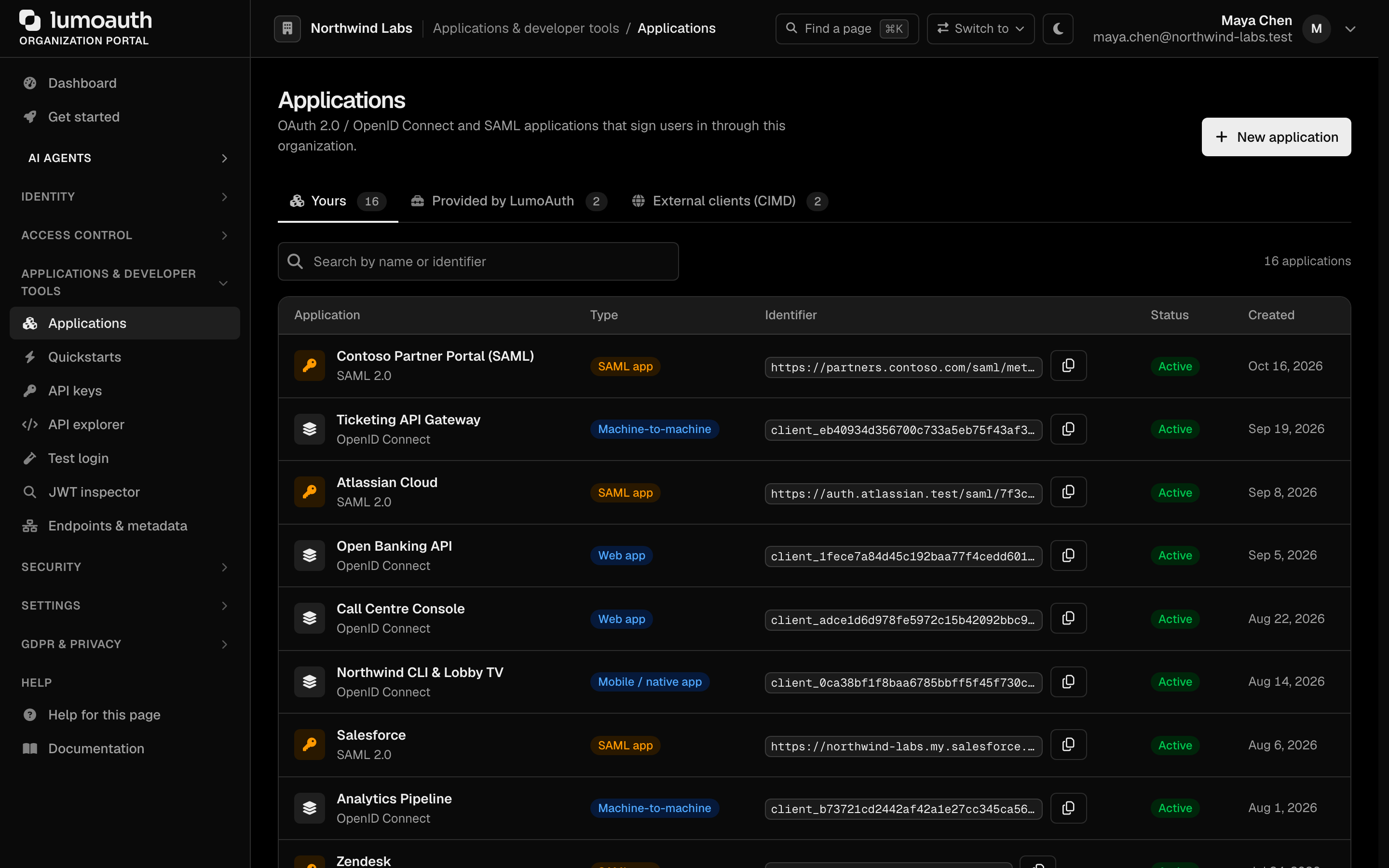 The Applications page listing OIDC and SAML applications, with the Yours and Provided by LumoAuth tabs and the New application button