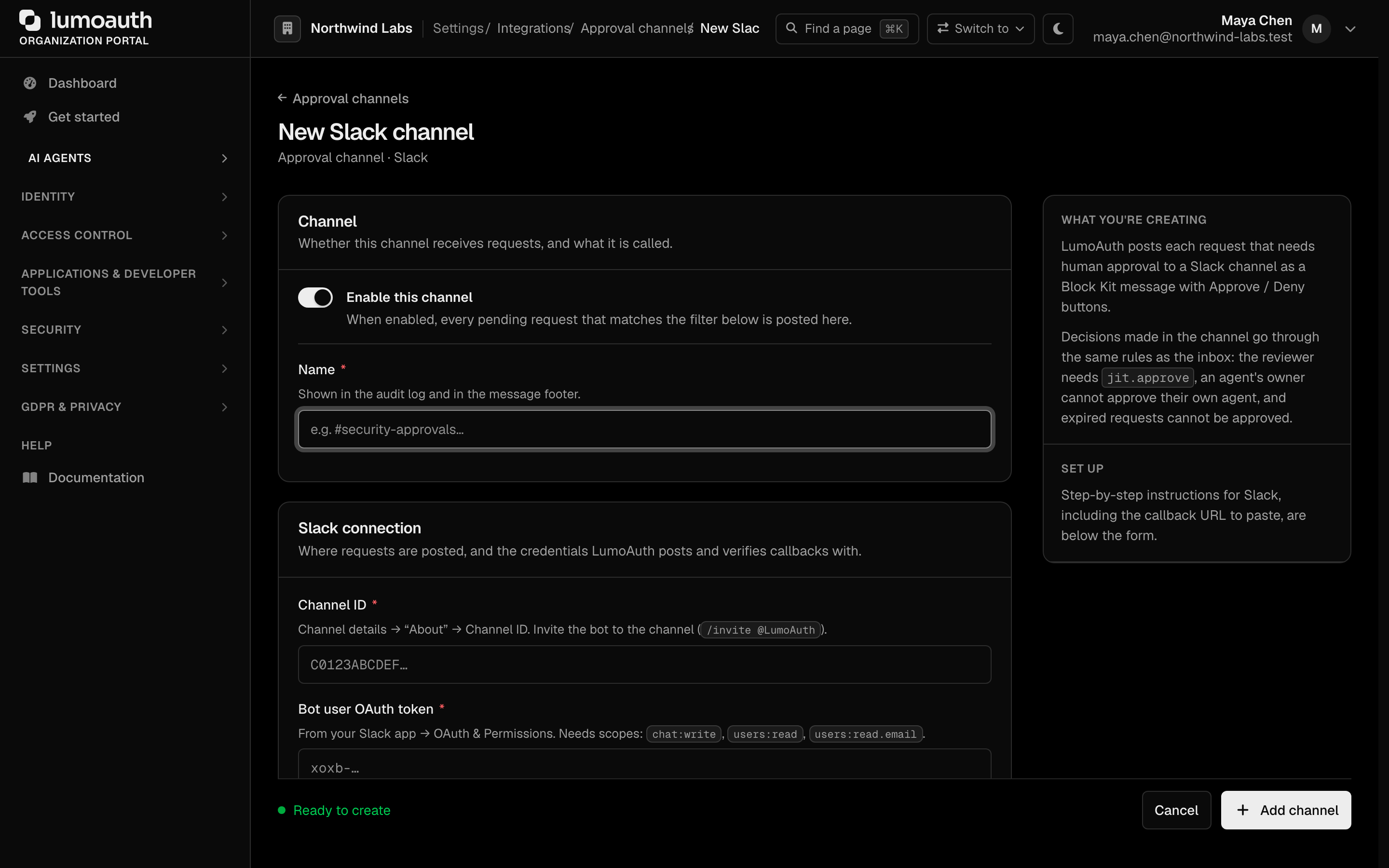 The New Slack channel form with the Enable this channel switch and name