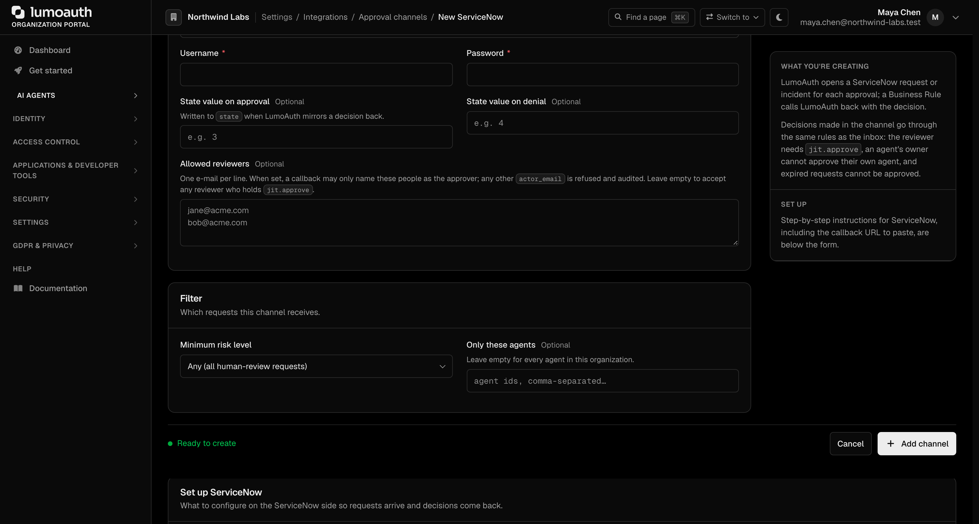 The Allowed reviewers field on the ServiceNow channel form