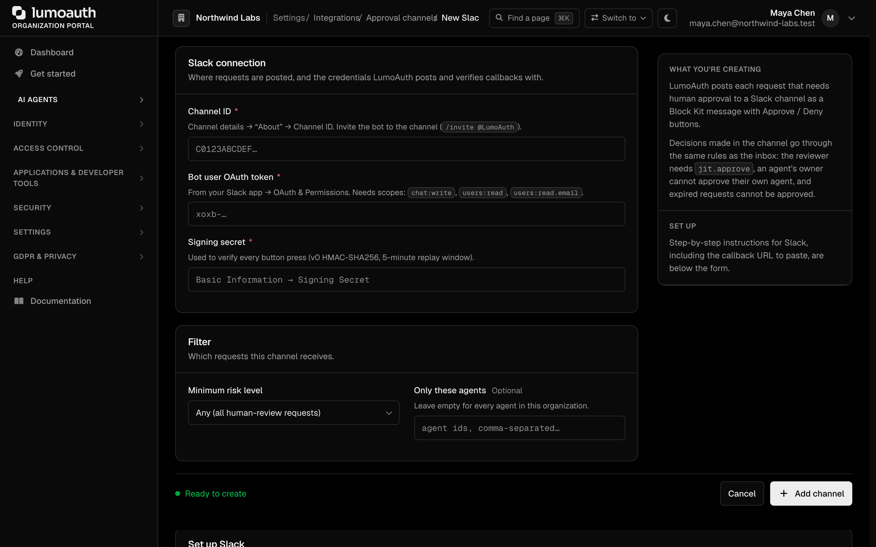 The Slack connection fields: channel ID, bot user OAuth token and signing secret