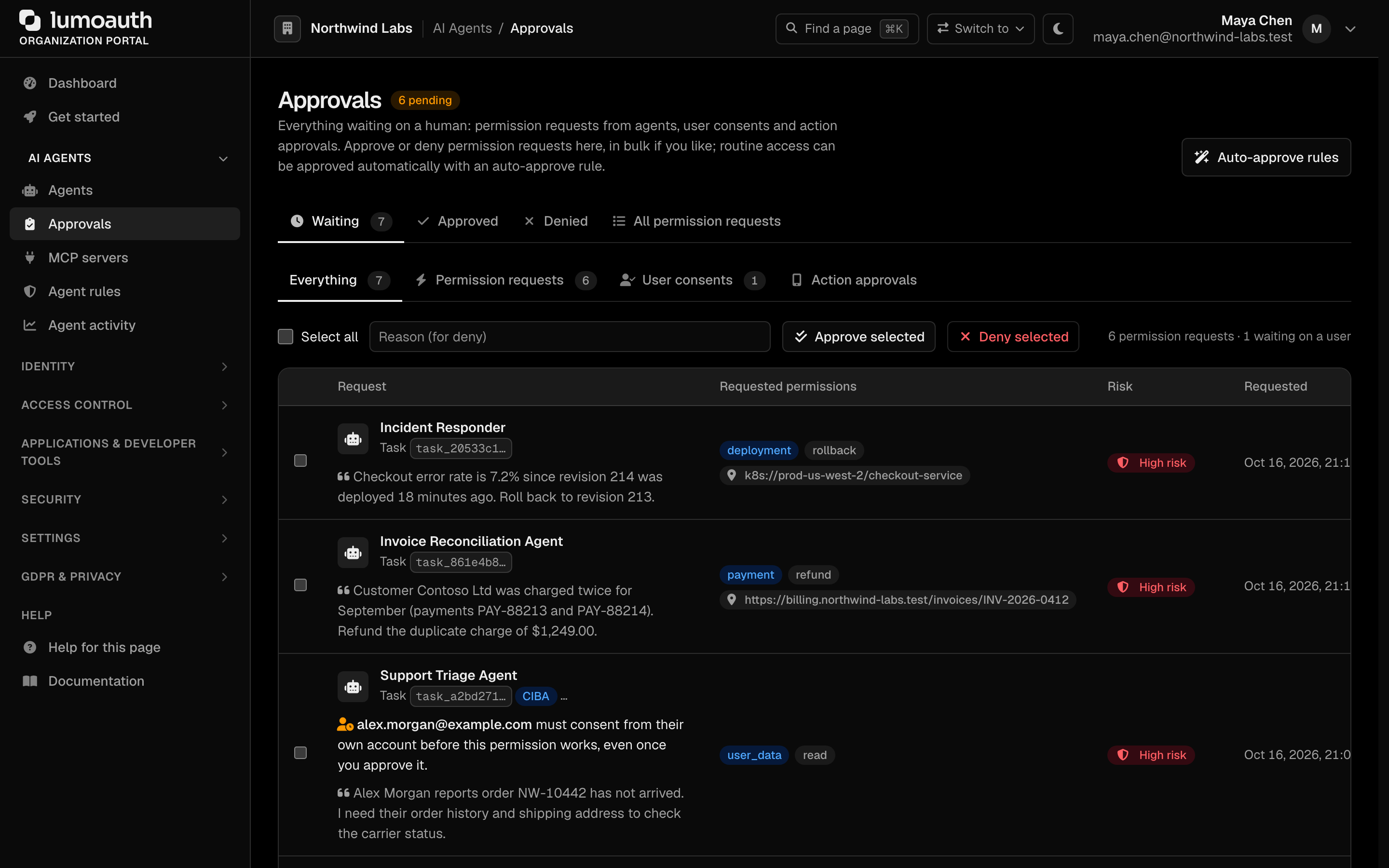 The Approvals page with its Waiting, Approved and Denied tabs and, under Waiting, the Permission requests, User consents and Action approvals filters