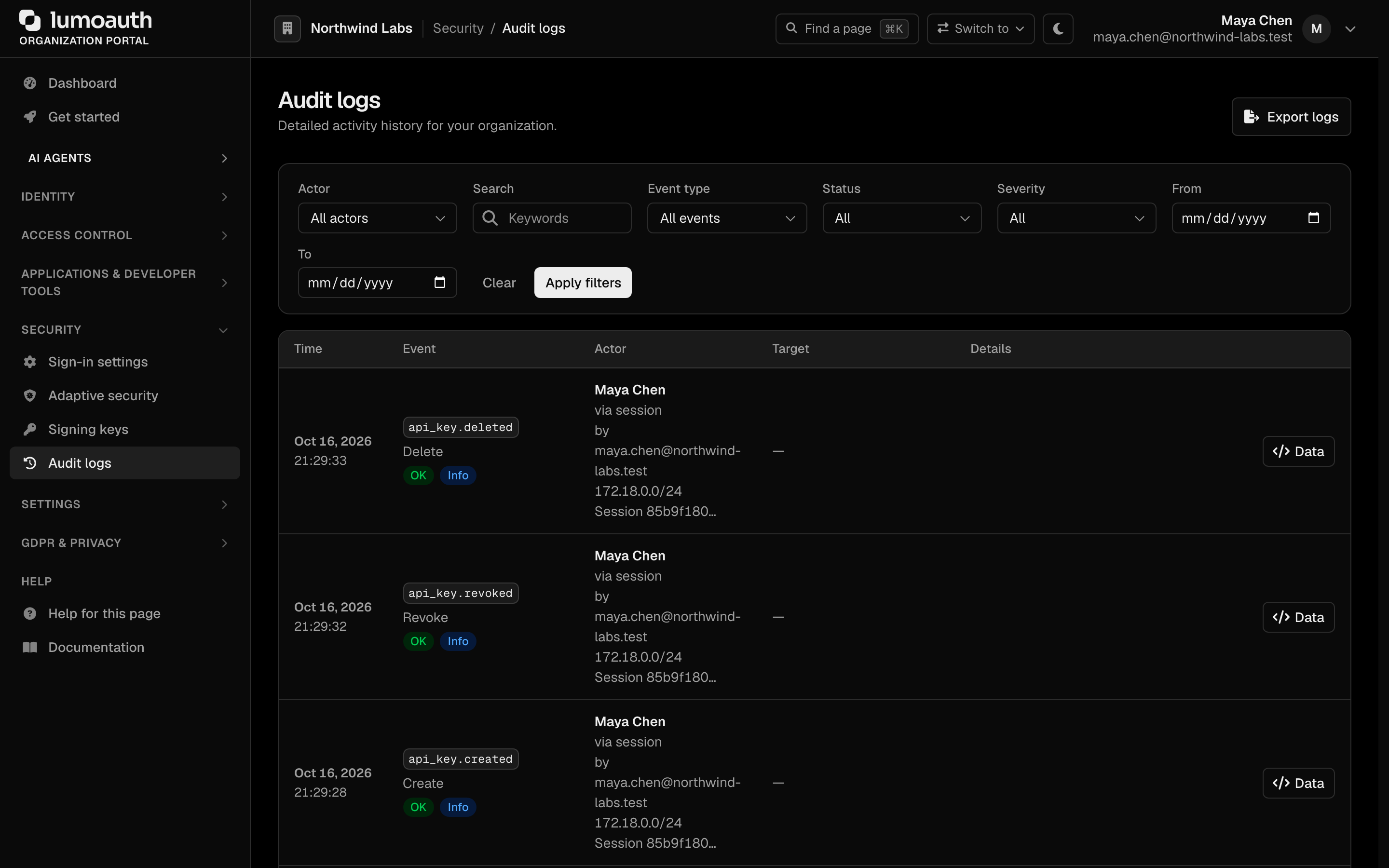 The Audit logs page with its actor, event type, status and severity filters