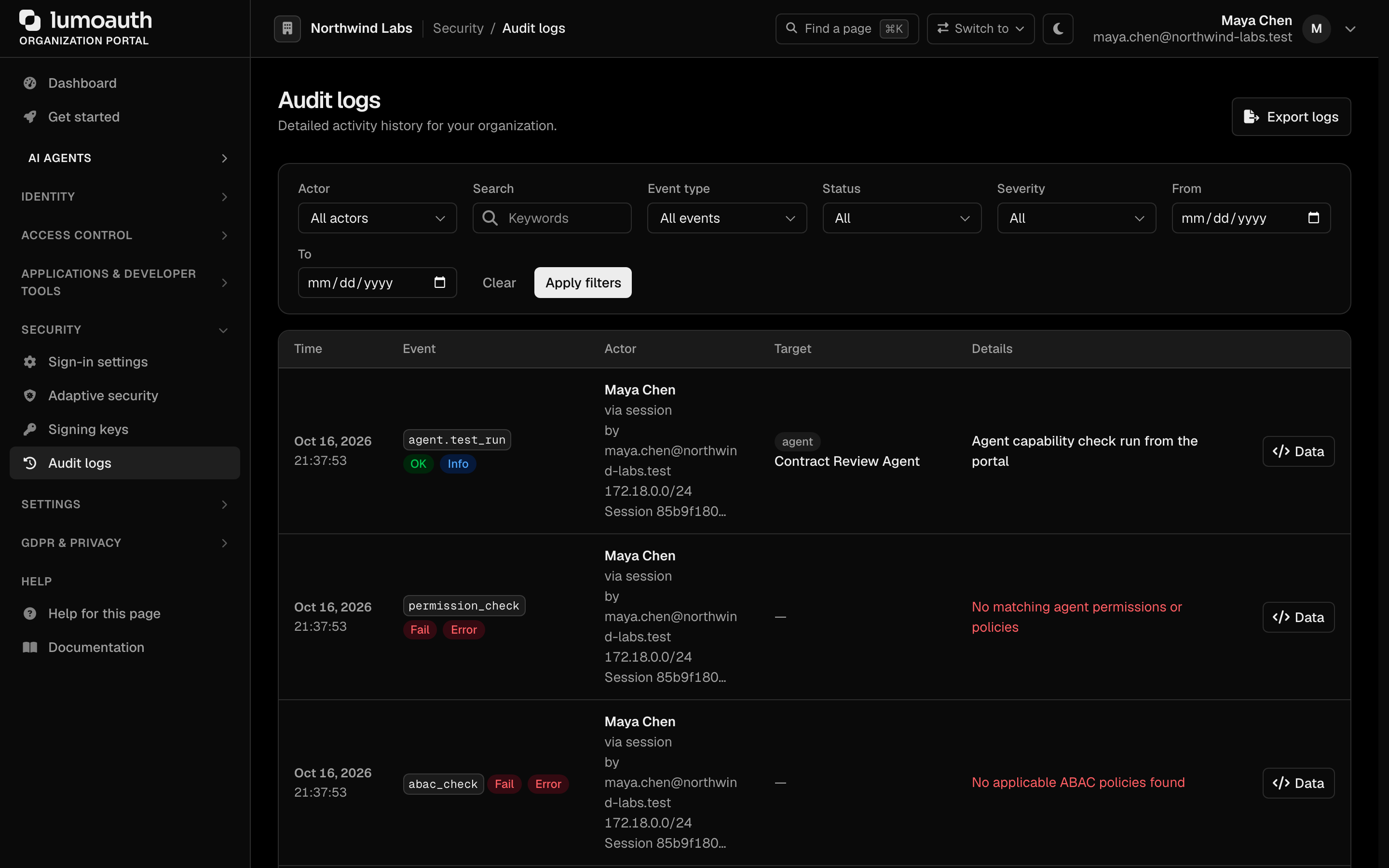 The Audit logs page with the filter bar, the Export logs button and the event table