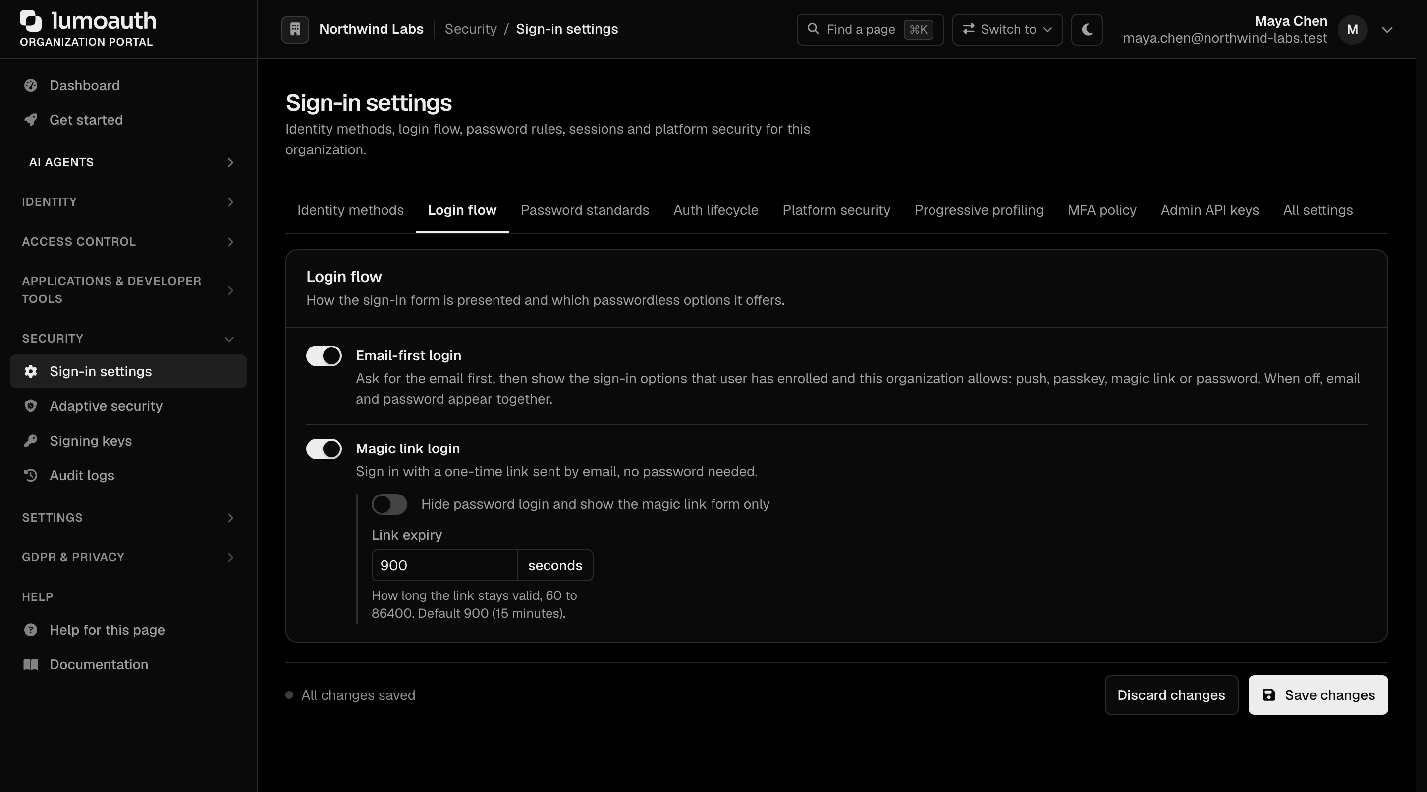 The Login flow tab of Sign-in settings with the Email-first login and Magic link login switches