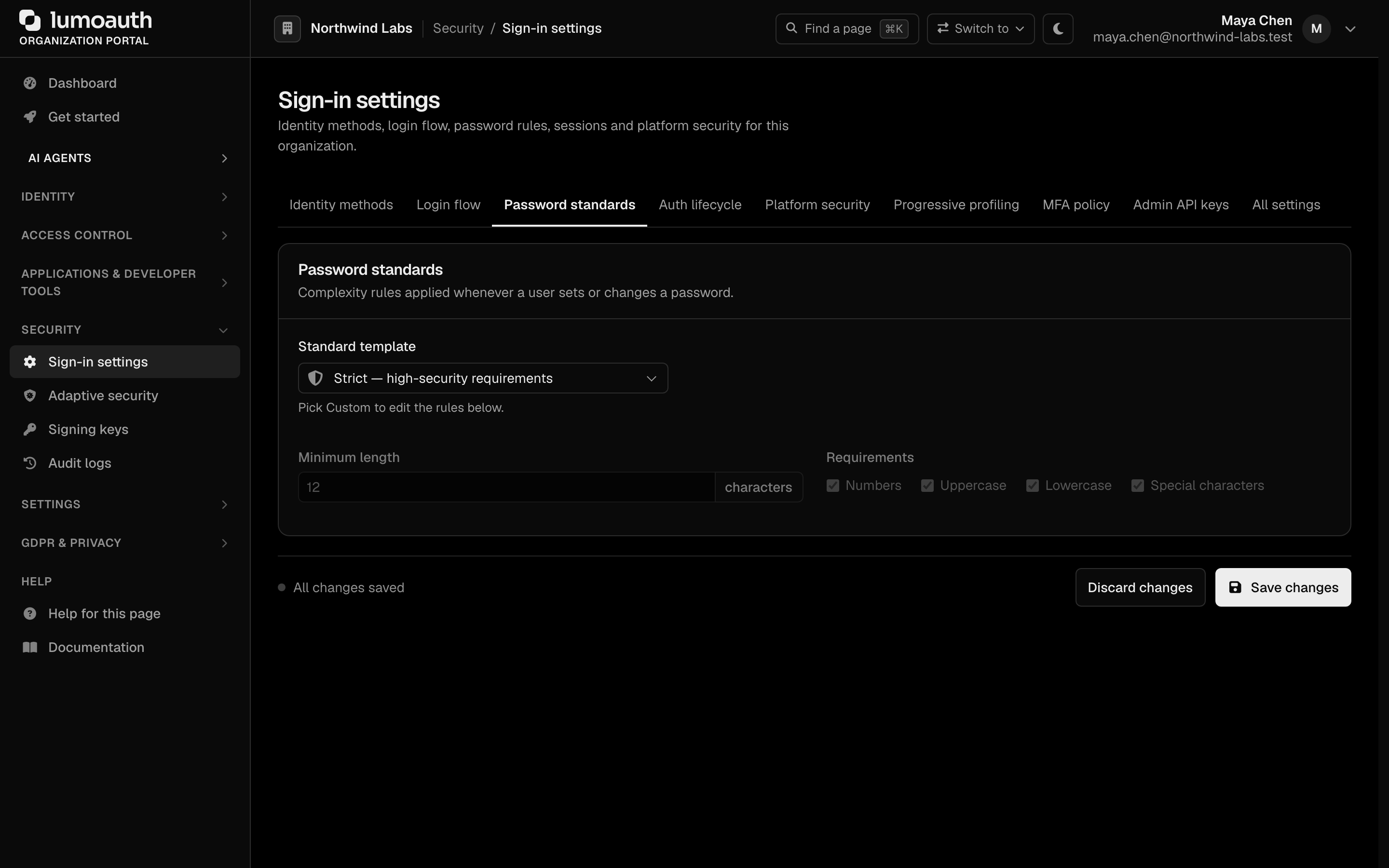 The Password standards tab of Sign-in settings with the Standard template and the minimum length