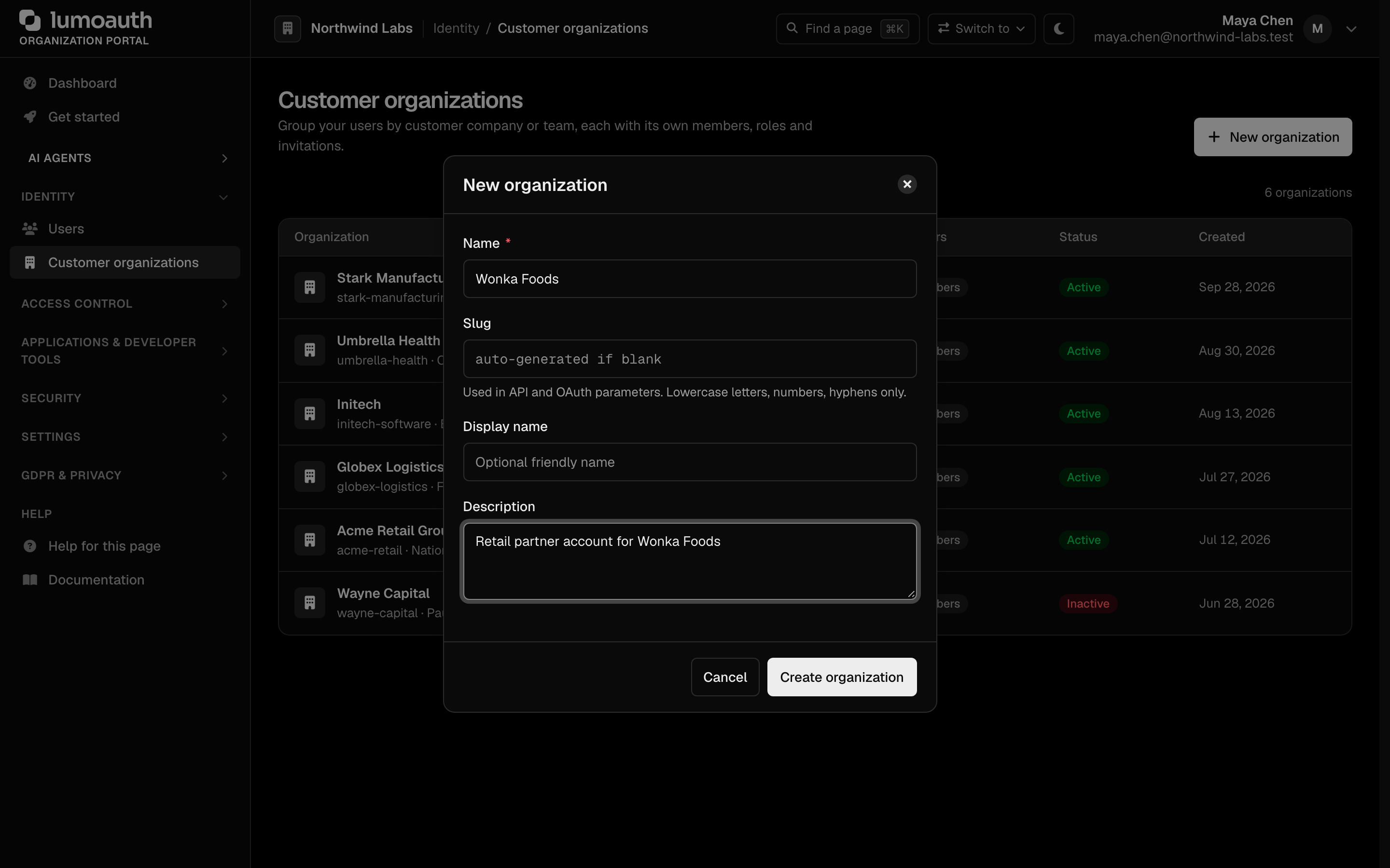 The New organization dialog with the Name, Slug, Display name and Description fields