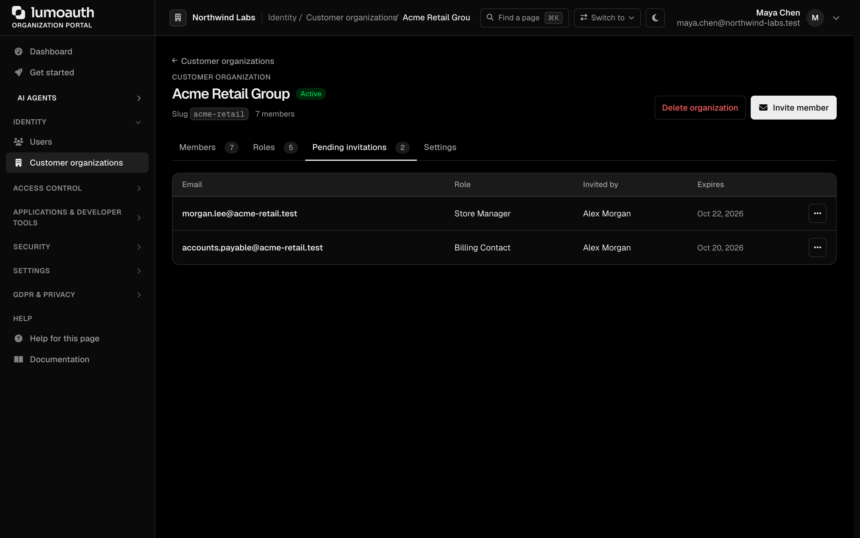 The Pending invitations tab of an organization