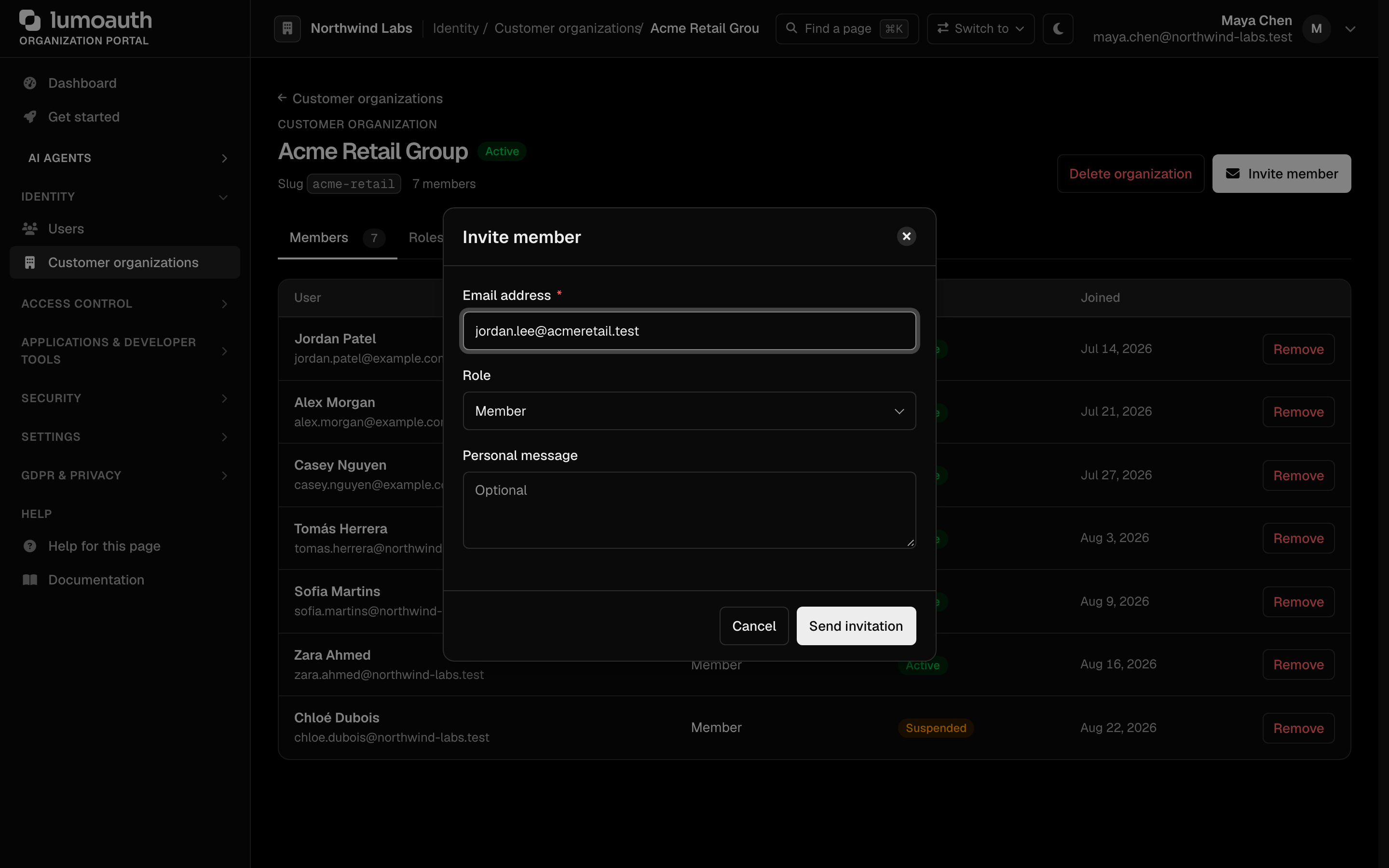 The Invite member dialog with the Email address, Role and Personal message fields