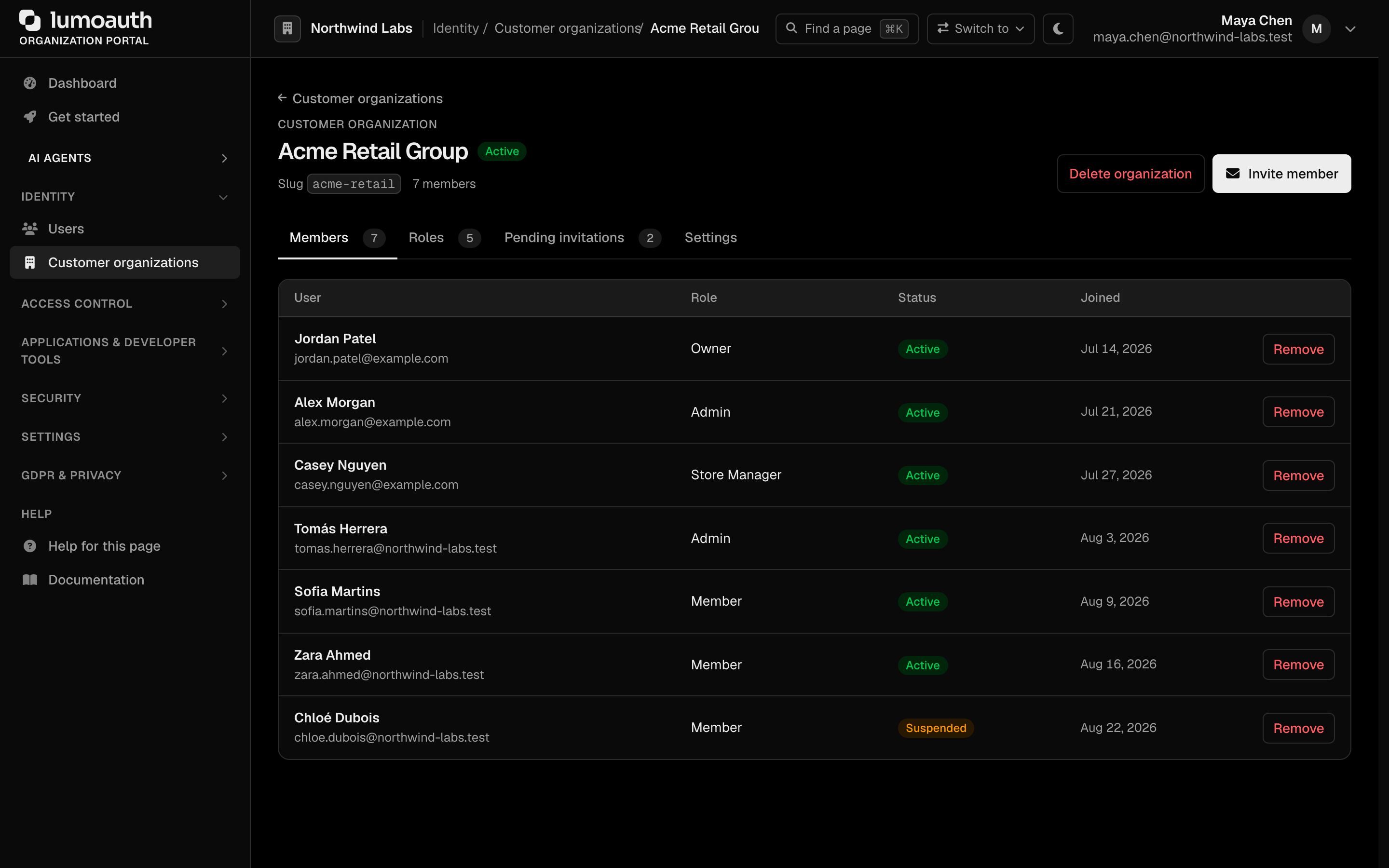 An organization's page with the Members, Roles, Pending invitations and Settings tabs